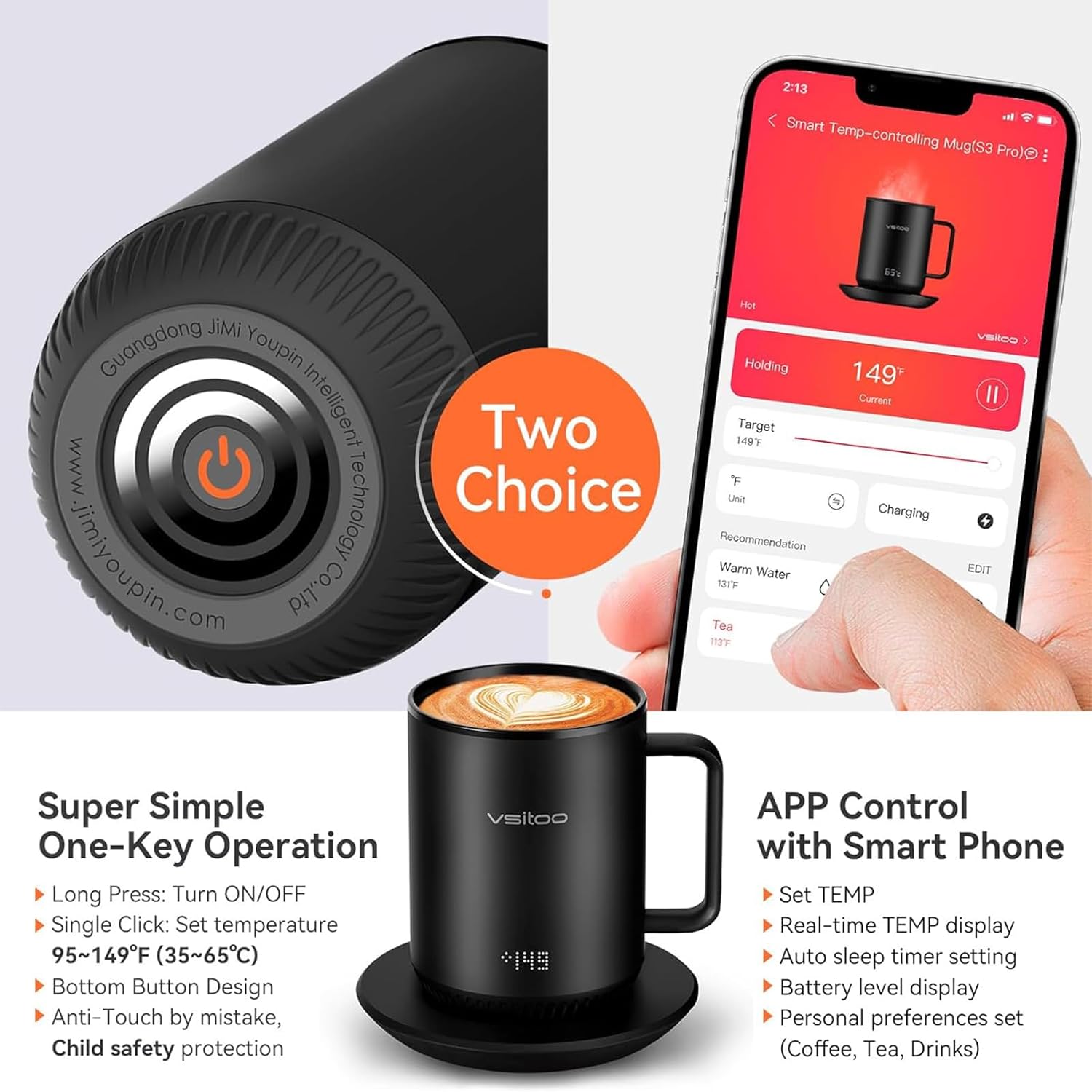 vsitoo S3 – Taza inteligente con control de temperatura 2 con tapa, taza de café autocalentable de 10 onzas, pantalla LED, duración de la batería de