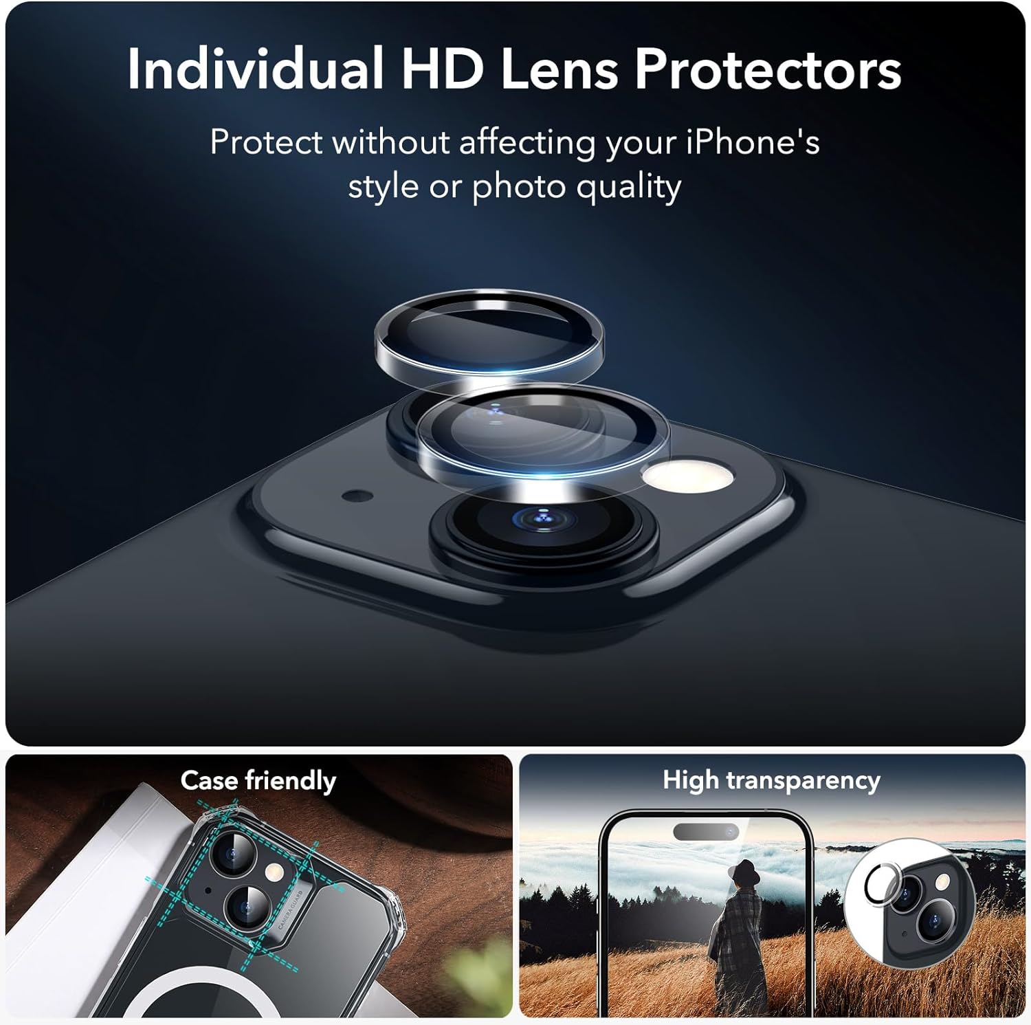 ESR Juego de 3+1 protector de pantalla Armorite para iPhone 15 Plus, vidrio templado ultra resistente, marco de fácil instalación, paquete de 3 con