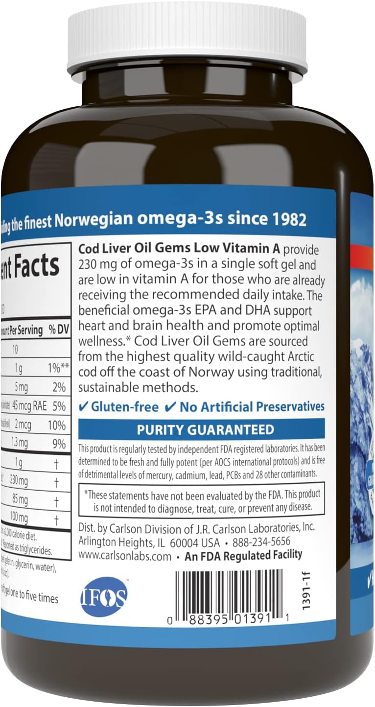Carlson – Gemas de aceite de hígado de bacalao, baja vitamina A, 230 mg de omega-3, noruego, capturado en la naturaleza, de origen sostenible, 150