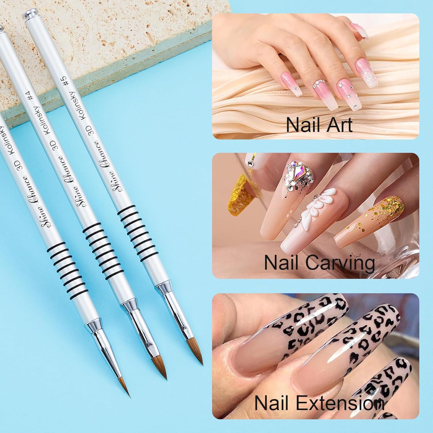 Kolinsky – Juego de 3 brochas acrílicas para uñas, tamaño 2, 4, 5, pincel acrílico para uñas, diseño artístico y limpieza de errores de esmalte para
