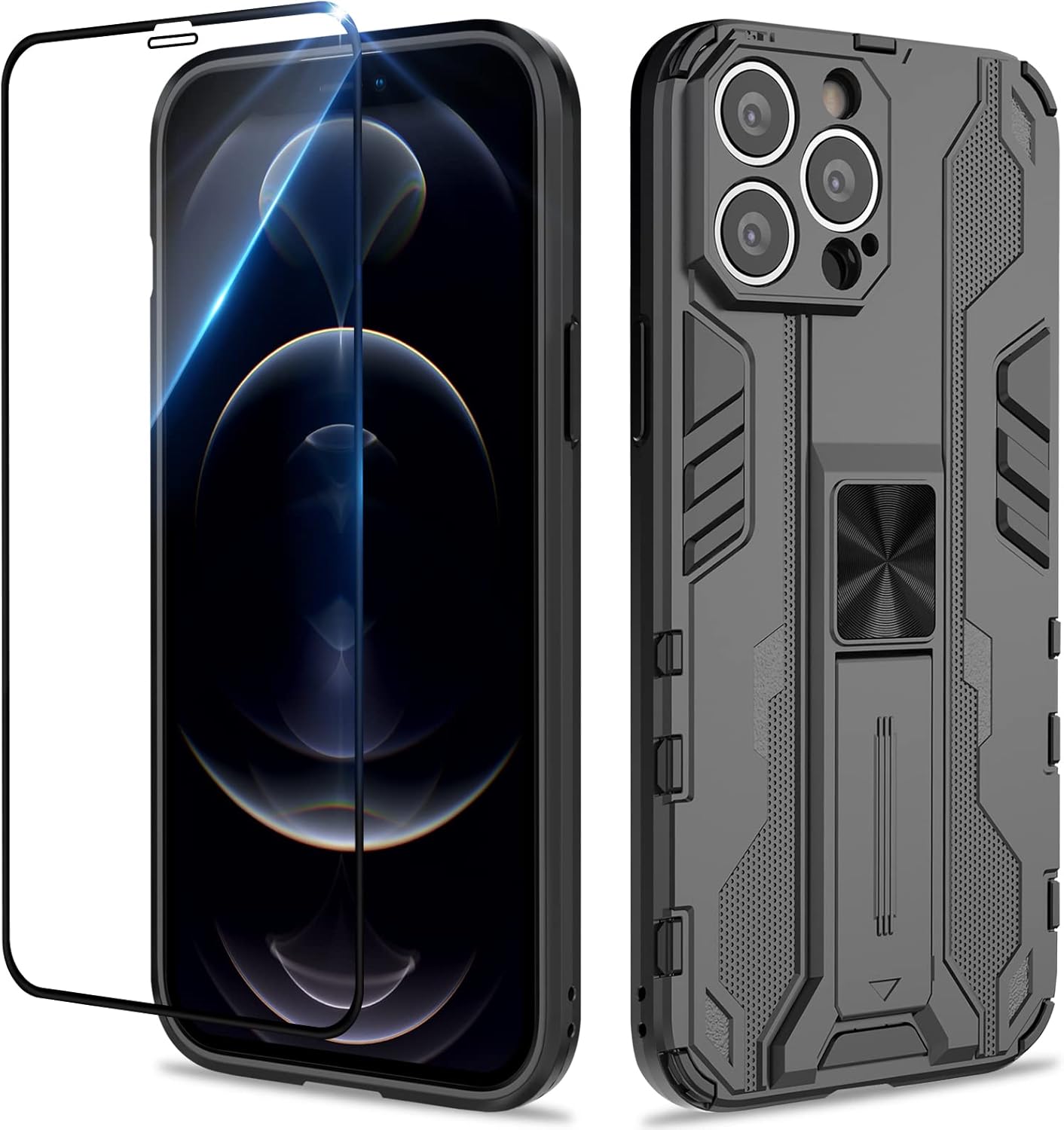 Funda compatible con iPhone 12 Pro, con protector de pantalla de vidrio templado, resistente a los golpes, funda de armadura resistente con soporte