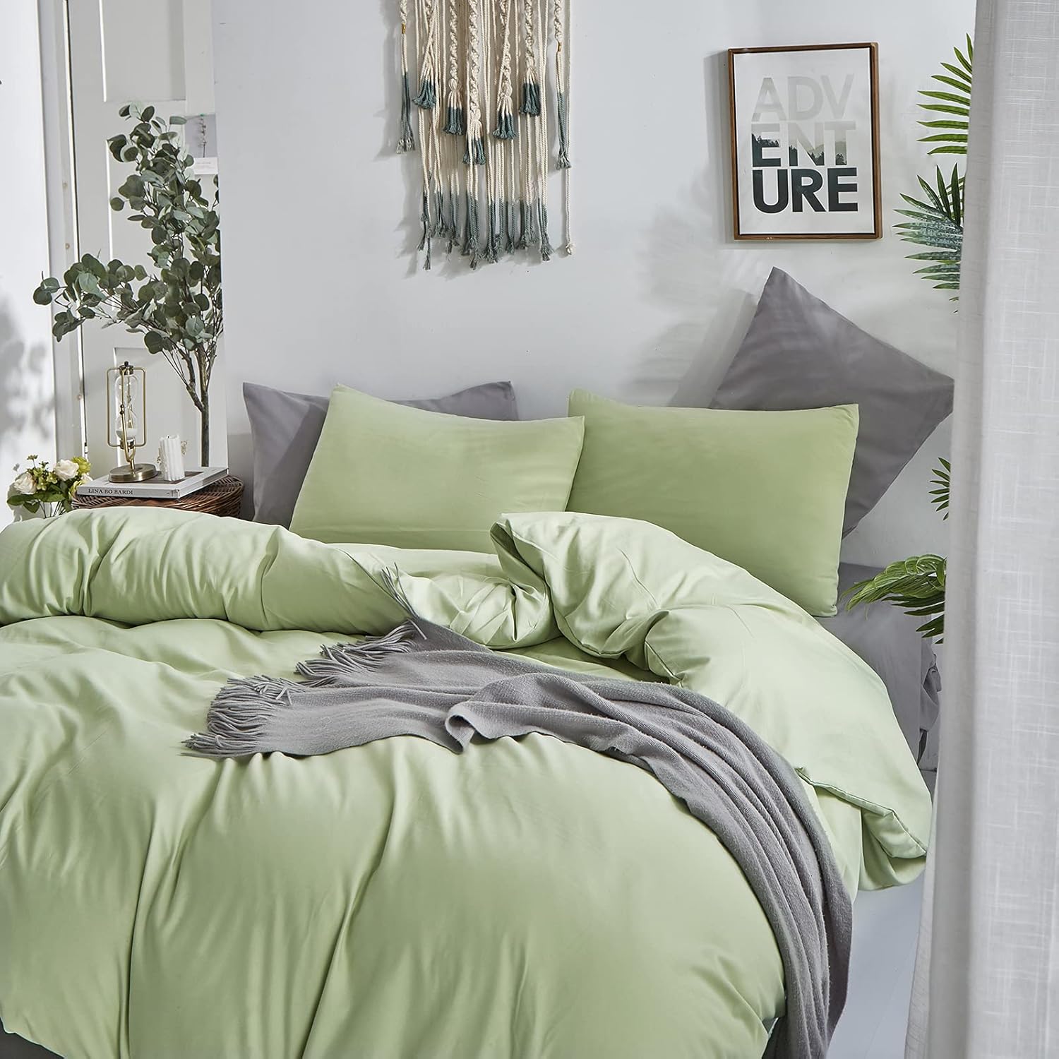 CLOTHKNOW Juego de edredón verde California King, juego de ropa de cama verde salvia, juegos de ropa de cama verde claro, juegos de edredón de cama