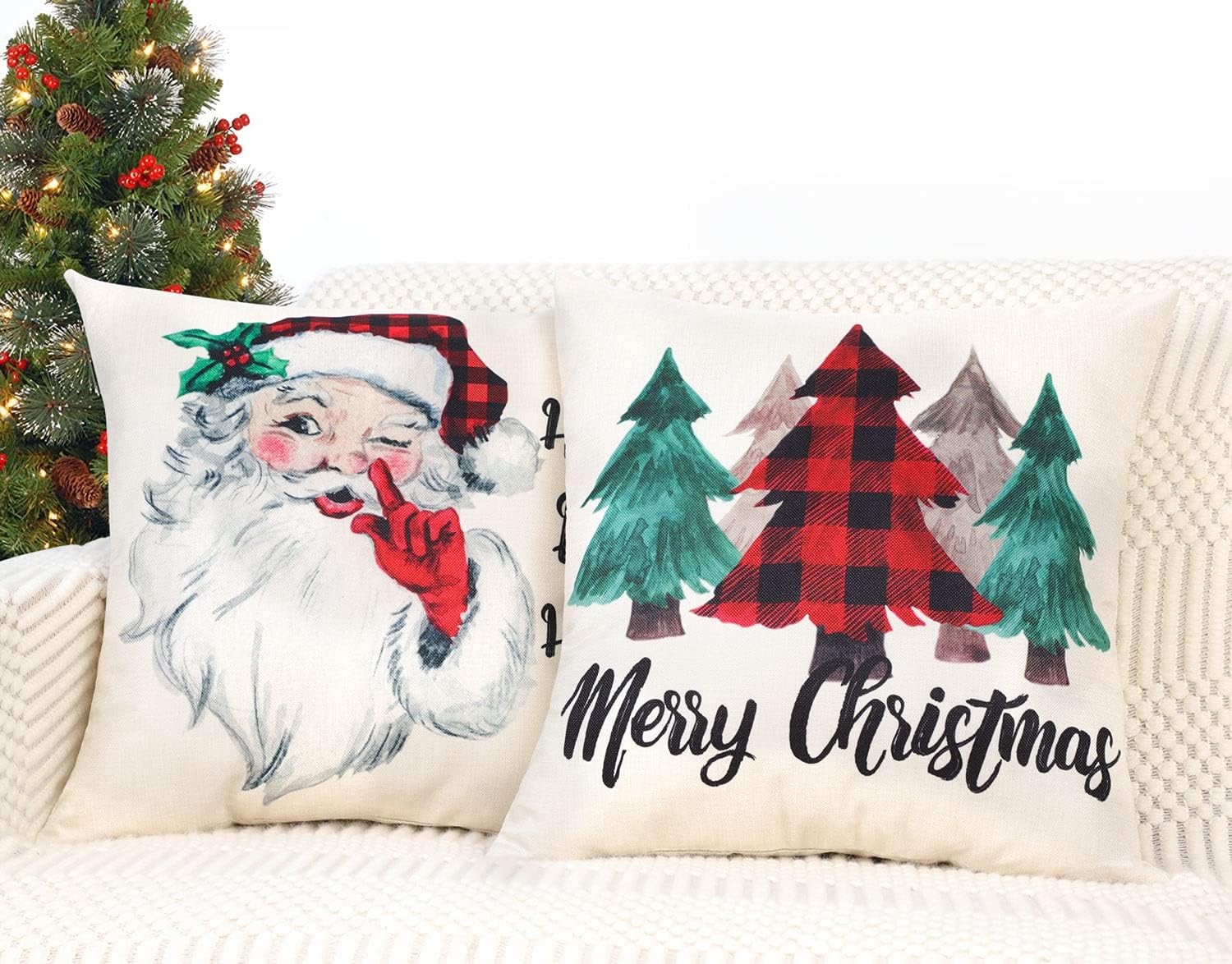 4TH Emotion Juego de 4 fundas de almohada de Navidad de 18 x 18 pulgadas, decoración navideña de granja, cuadros rojos y negros, decoración de