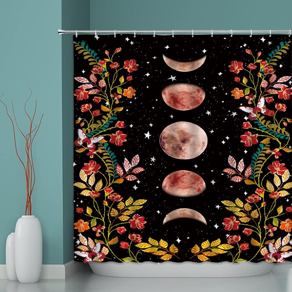 Cortina de ducha con fase lunar, flores de acuarela, mariposa, luz de luna, jardín, estilo bohemio, natural, moderno, de poliéster, adecuado para