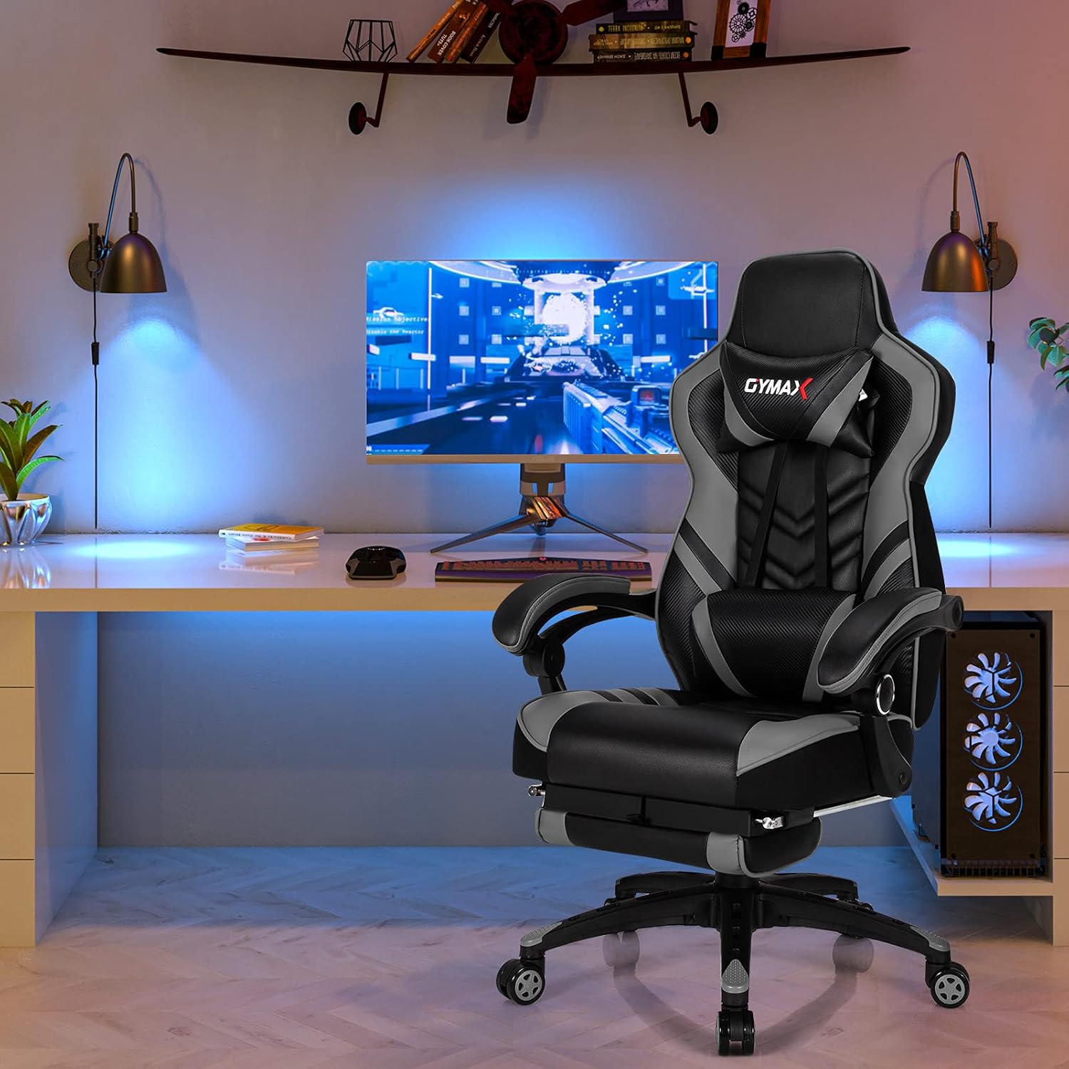 POWERSTONE Silla para videojuegos, silla de videojuegos con reposapiés y soporte lumbar, estilo carreras, silla de computadora de piel sintética,