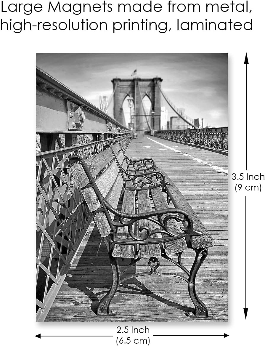 Bench on Brooklyn Bridge BW – Imán de metal para nevera, recuerdo fotográfico de la ciudad de Nueva York, monumentos de Nueva York, regalo de