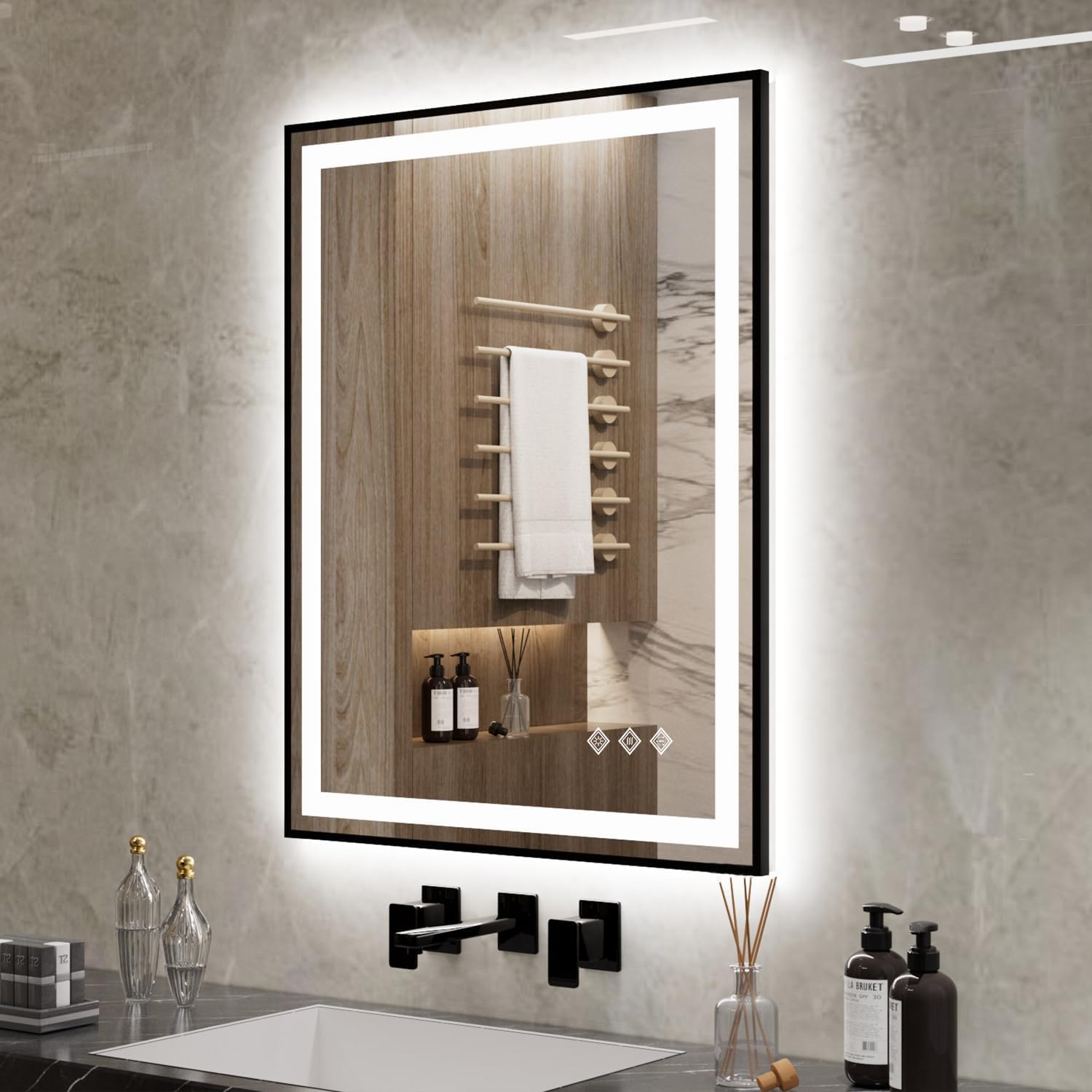 Espejo de baño LED, 28 x 36 pulgadas, marco negro degradado frontal y retroiluminado con luces, 3 colores regulables CRI90, espejo LED mejorado