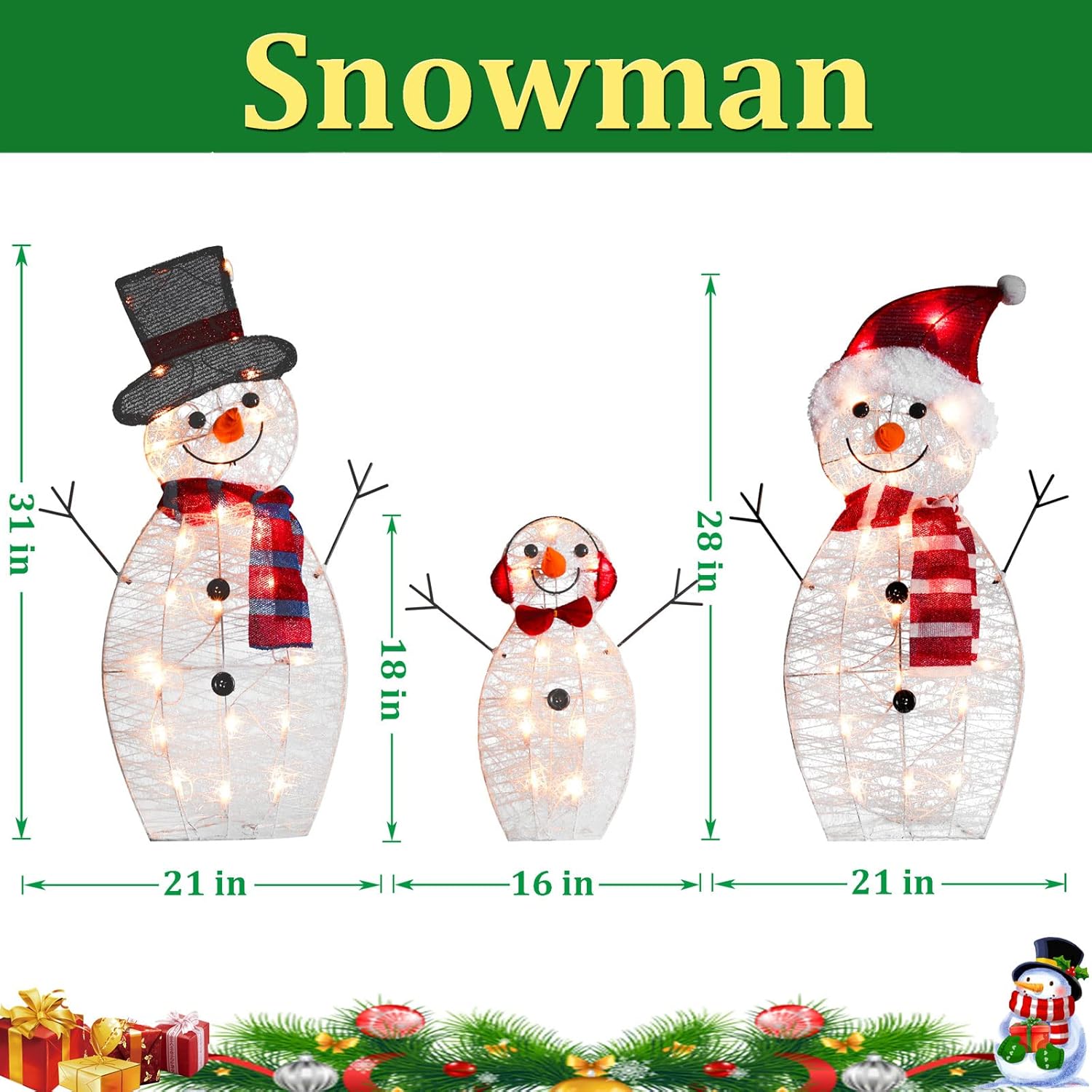 SUNNYPARK Juego de 3 decoraciones navideñas de muñeco de nieve para exteriores, 31 pulgadas, 60 luces preiluminadas para exteriores, decoraciones de