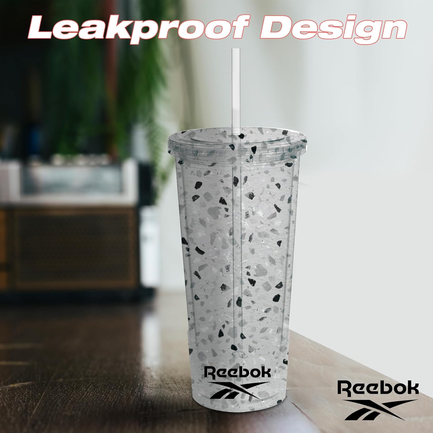 Reebok Lifestyle – Vasos de plástico reutilizables con textura de terrazo prémium con tapa y pajilla, para café de viaje, a prueba de fugas, sin BPA