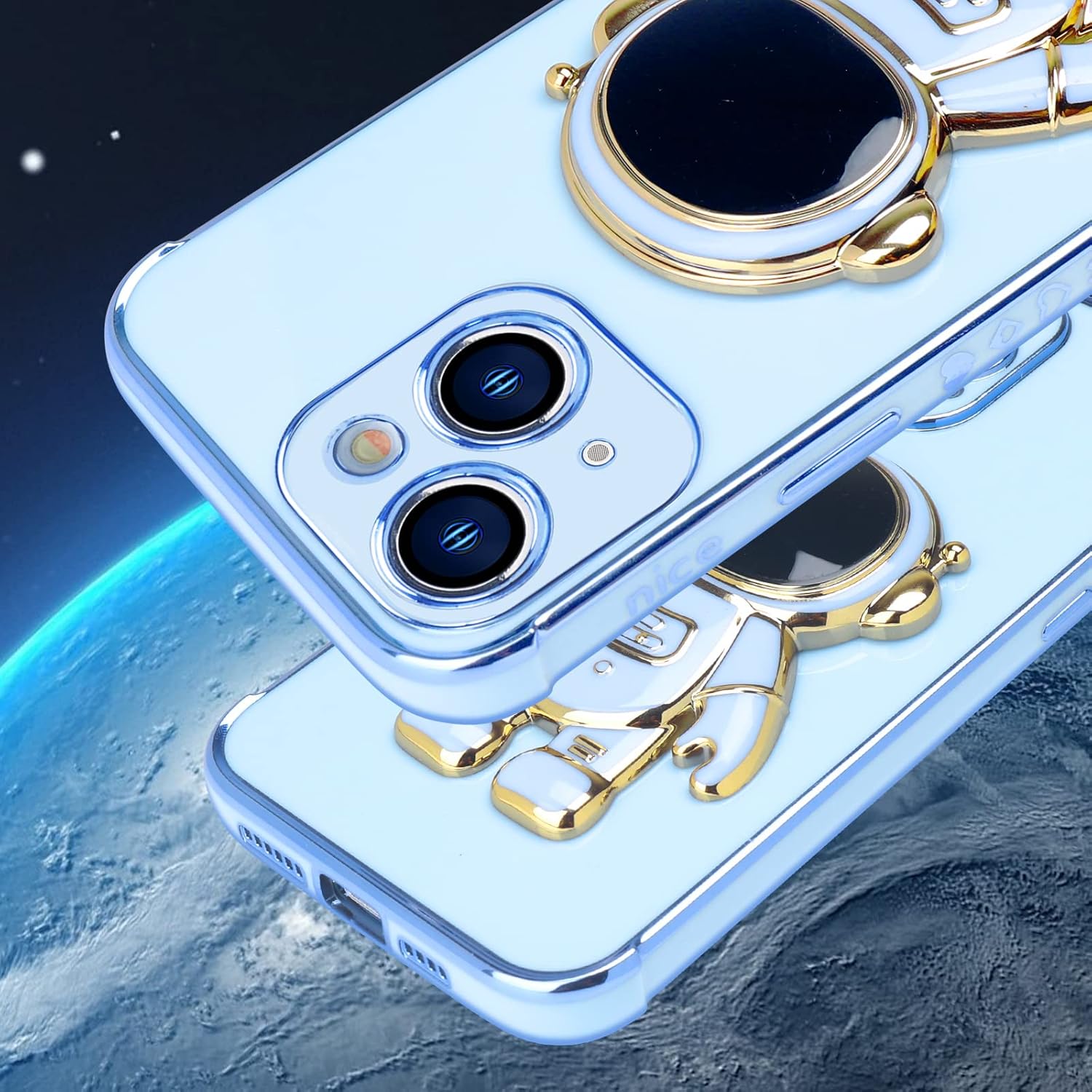 Omio – Funda compatible con iPhone 15 con soporte oculto de astronauta, funda de lujo chapado en corazón con borde lateral, pequeño patrón de amor