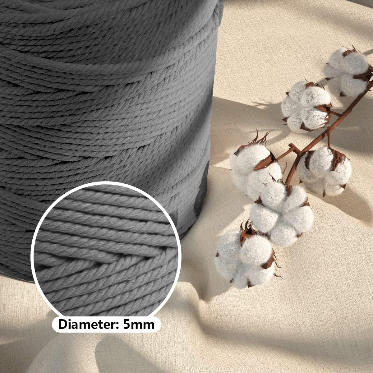 ZUEXT – Cordón de algodón de macramé de 0.197 in x 328 yardas, cuerda trenzada natural hecha a mano gris claro, 4 hebras de cuerda de punto para