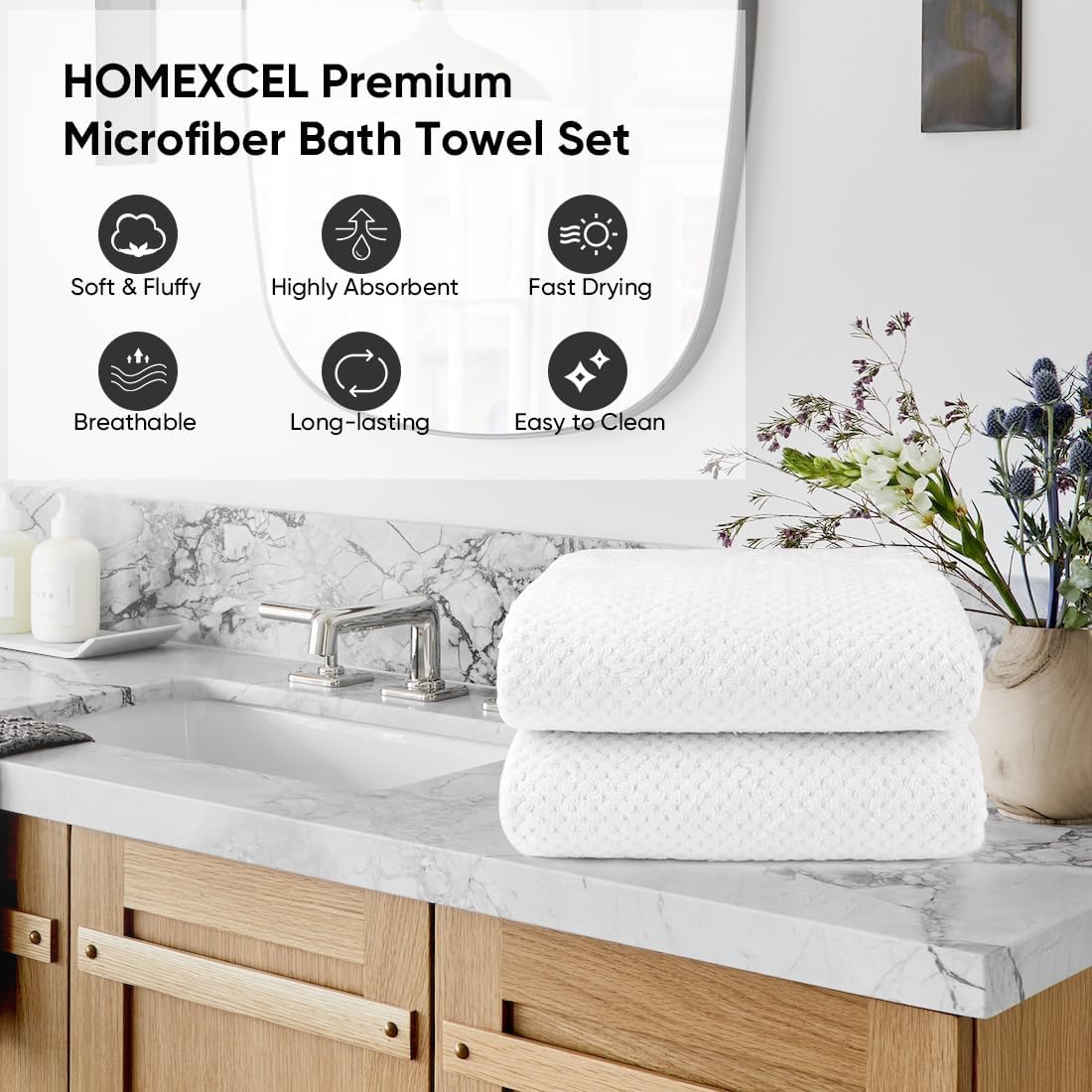 HOMEXCEL Juego de 2 toallas de baño de microfibra, ultra suave, altamente absorbente, toallas ligeras y de secado rápido para cuerpo, deportes,