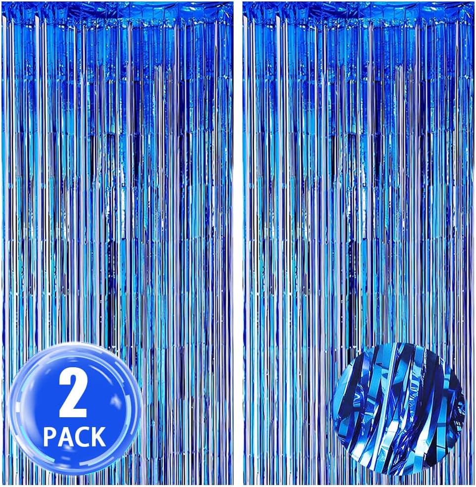 Paquete de 2 cortinas de flecos de papel de aluminio azul de 3.3 x 6.6 pies, cortinas de fondo para decoraciones de fiesta azul, graduación, boda,