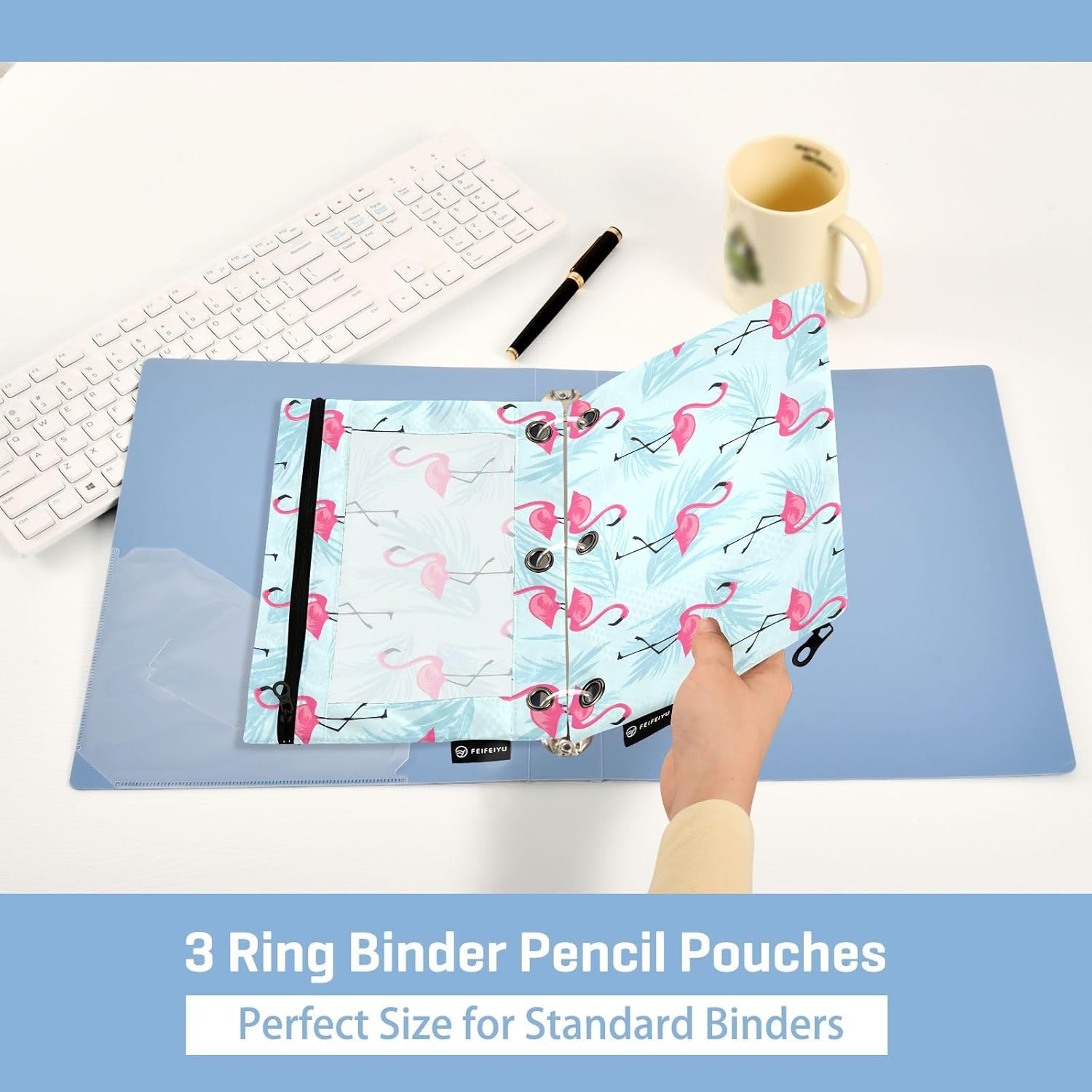 Estuche para lápices de flamenco rosa para carpeta de 3 anillas, 2 bolsas para lápices con bolsillo con cremallera, bolsa para lápices con ventana