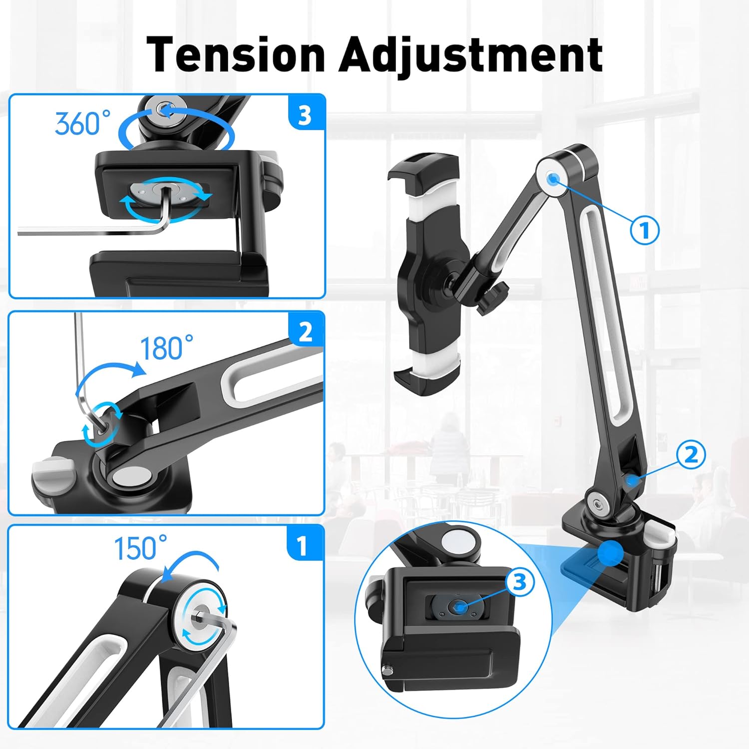 AboveTEK Soporte de escritorio para iPad, soporte ajustable multiángulo para tableta, brazo giratorio de 360, soporte de abrazadera de aluminio para