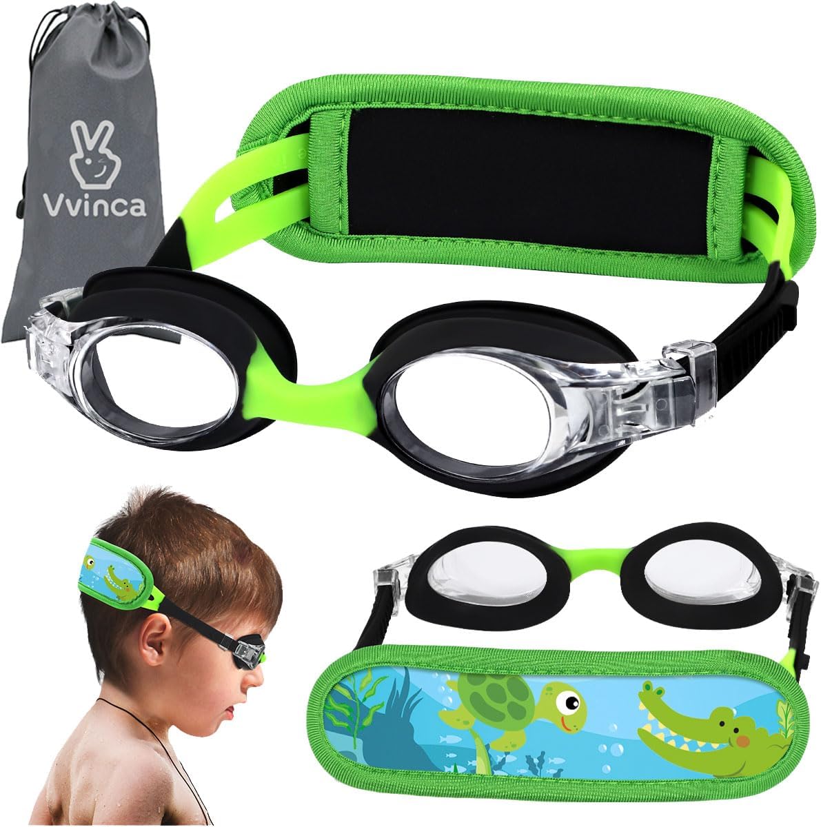 Vvinca Gafas de natación para niños de 2 a 8 años, con correa de tela, sin fugas, sin dolor, antivaho para niñas y niños