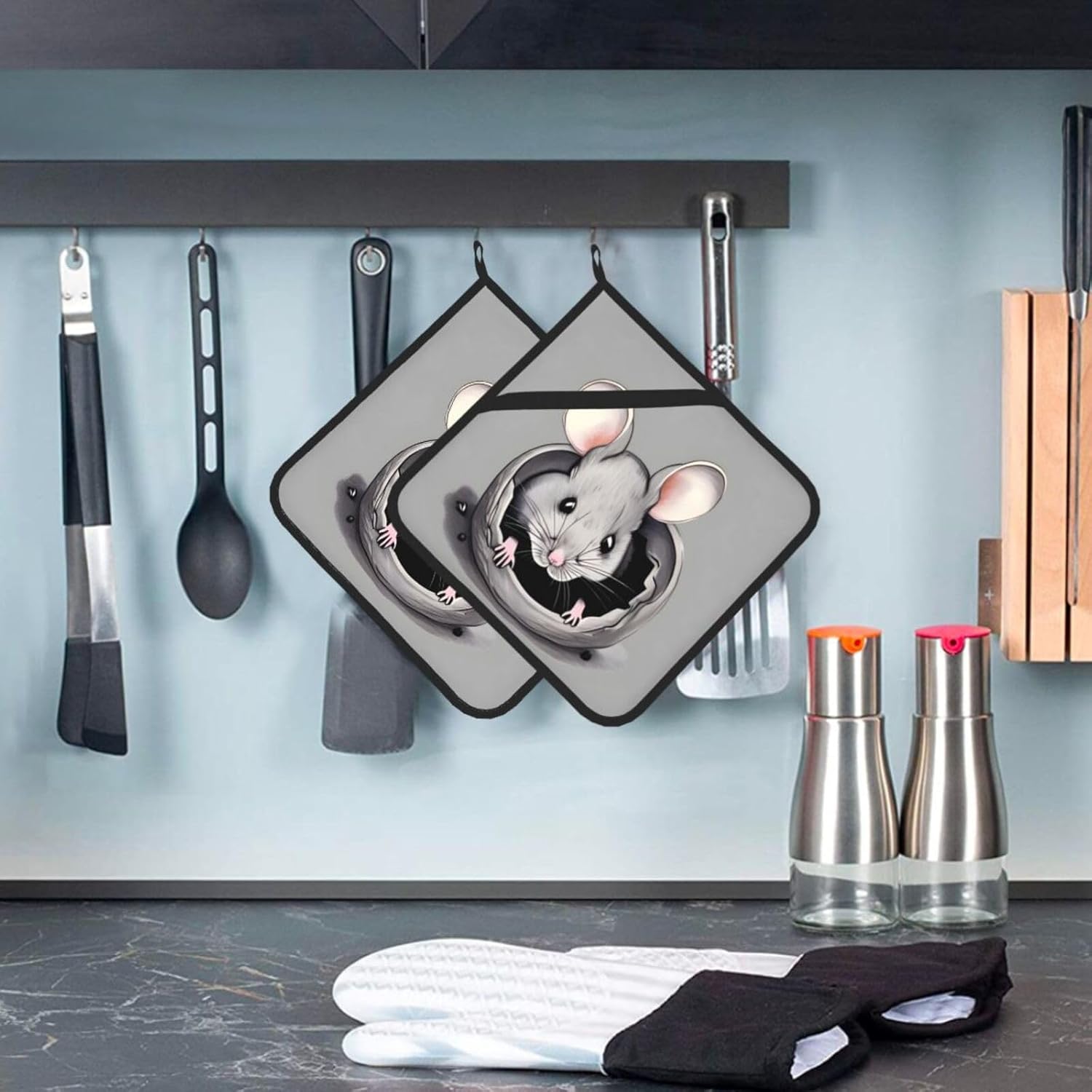 Juego de 2 soportes para ollas de ratas grises, almohadillas calientes antideslizantes para cocina, hornear, barbacoa, asar