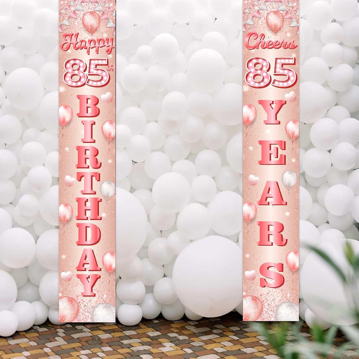 Cartel de feliz cumpleaños 85 de oro rosa, telón de fondo de globos de confeti de 85 años, decoración temática de globos de confeti para mujeres de