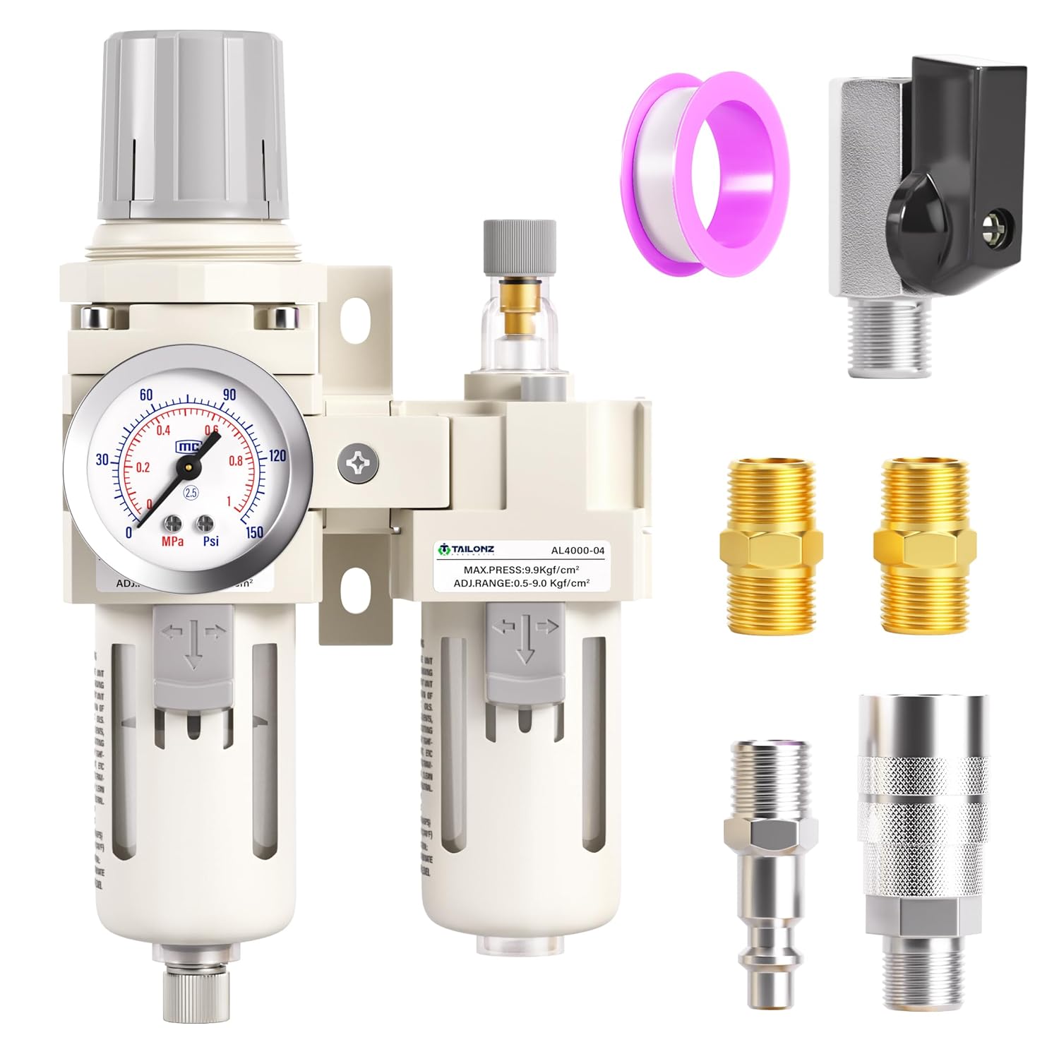 TAILONZ PNEUMATIC Filtro de aire NPT de 12 pulgada con regulador de presión de trampa de aguaaceite combinado (0-145 PSI), filtro compresor de