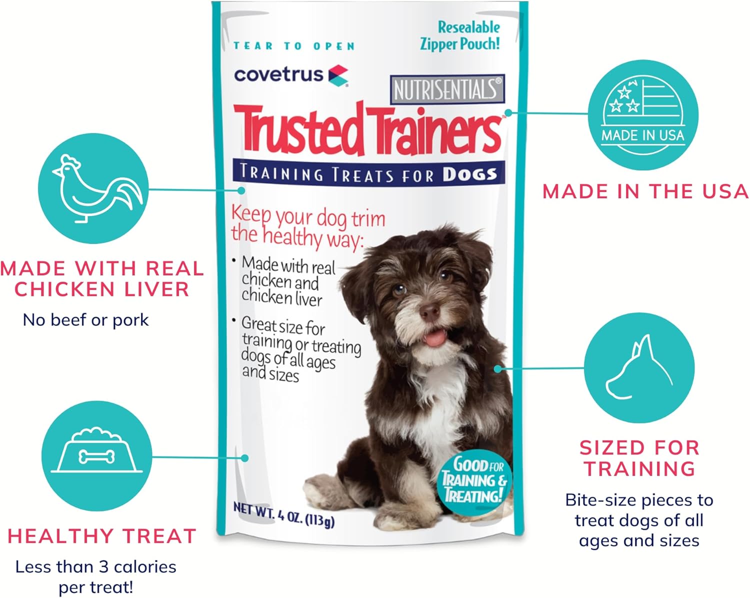 Covetrus NutriSentials Trusted Trainers – Golosinas suaves para perros pequeños, medianos y grandes, sabor a pollo, paquete de 3, 4 onzas
