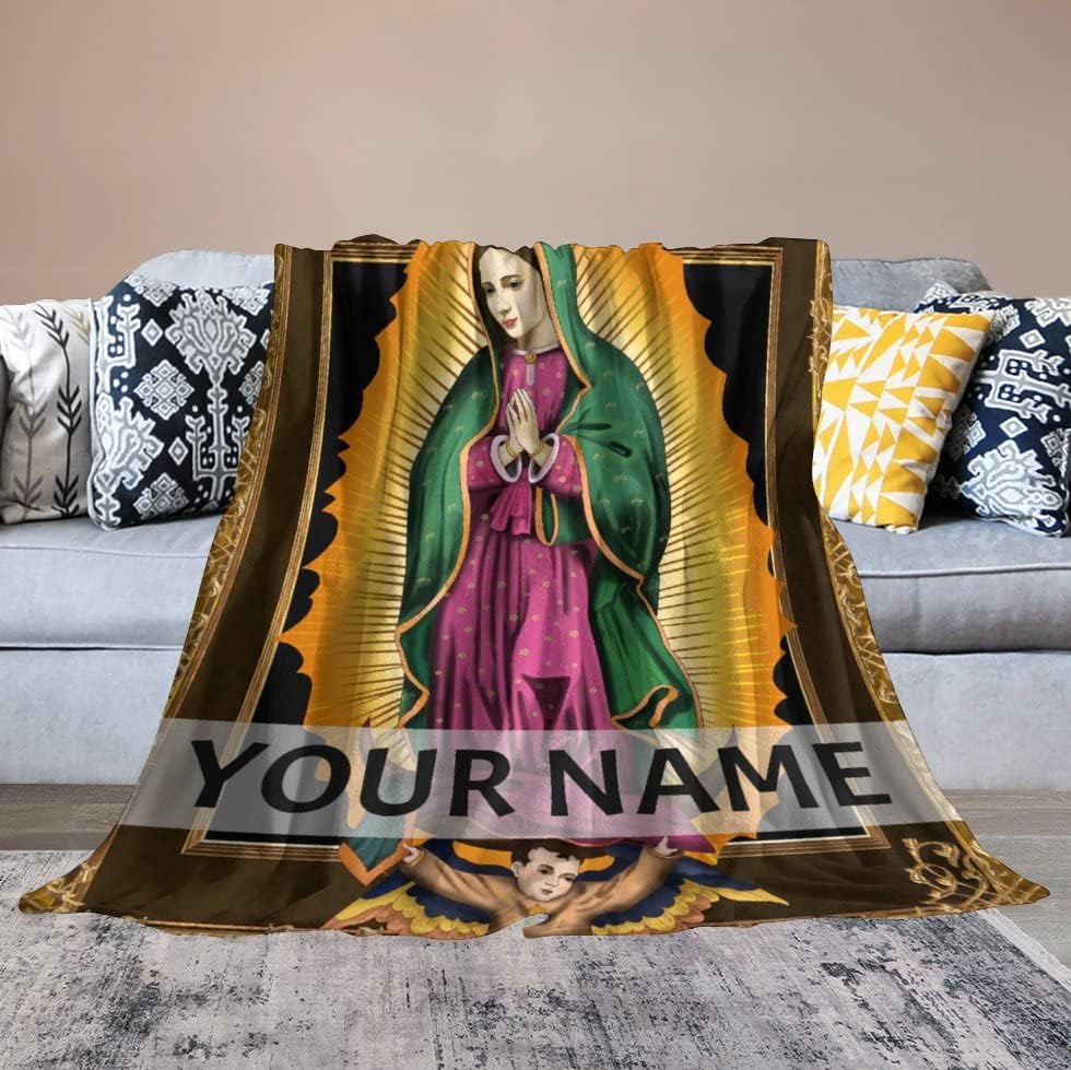Manta católica personalizada para regalo con texto de nombre, manta de 50 x 60 pulgadas, manta de Virgen de Guadalupe ligera, suave, acogedora,