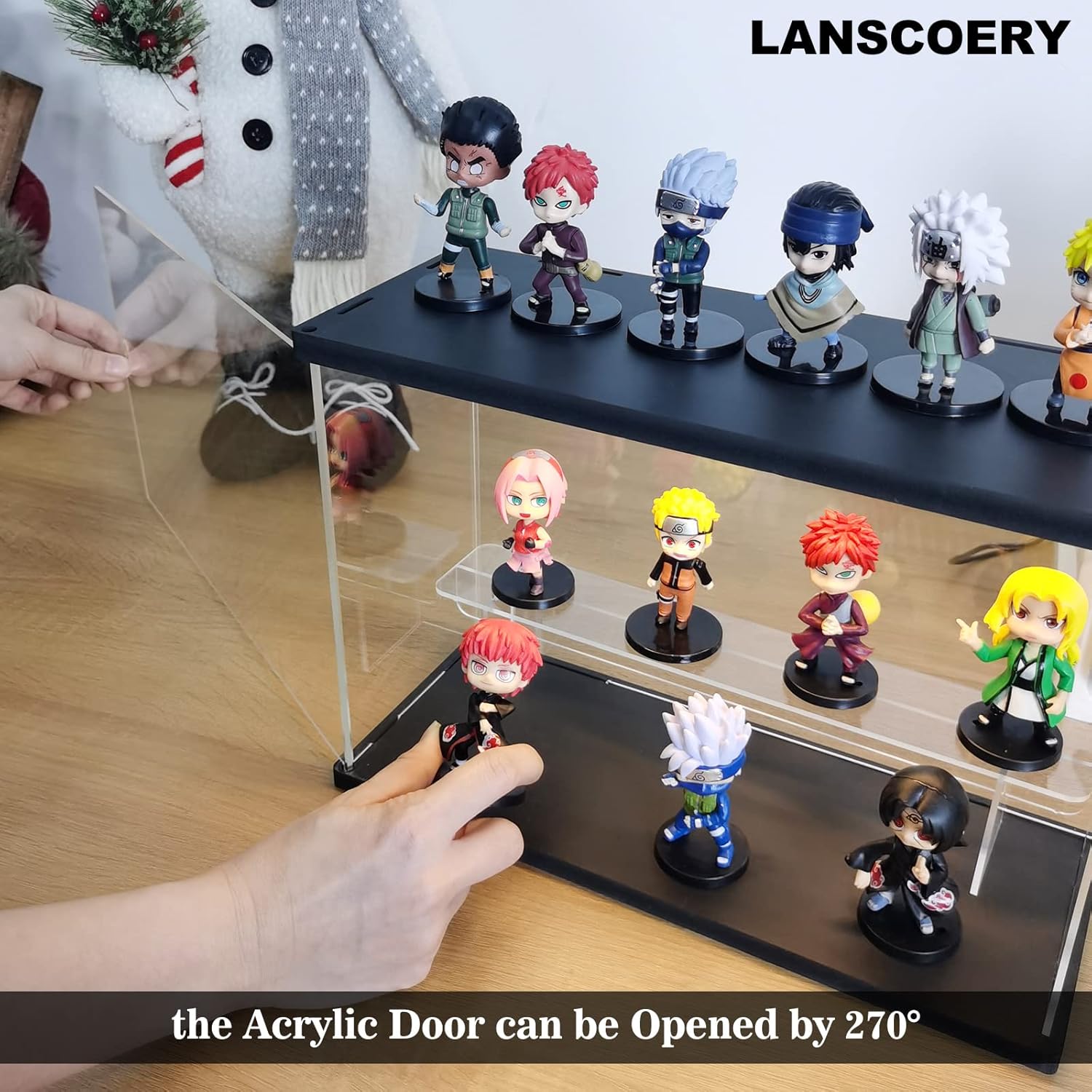 LANSCOERY Vitrina de acrílico transparente con luz, soporte de 2 niveles con base negra, escaparate de protección a prueba de polvo para figuras