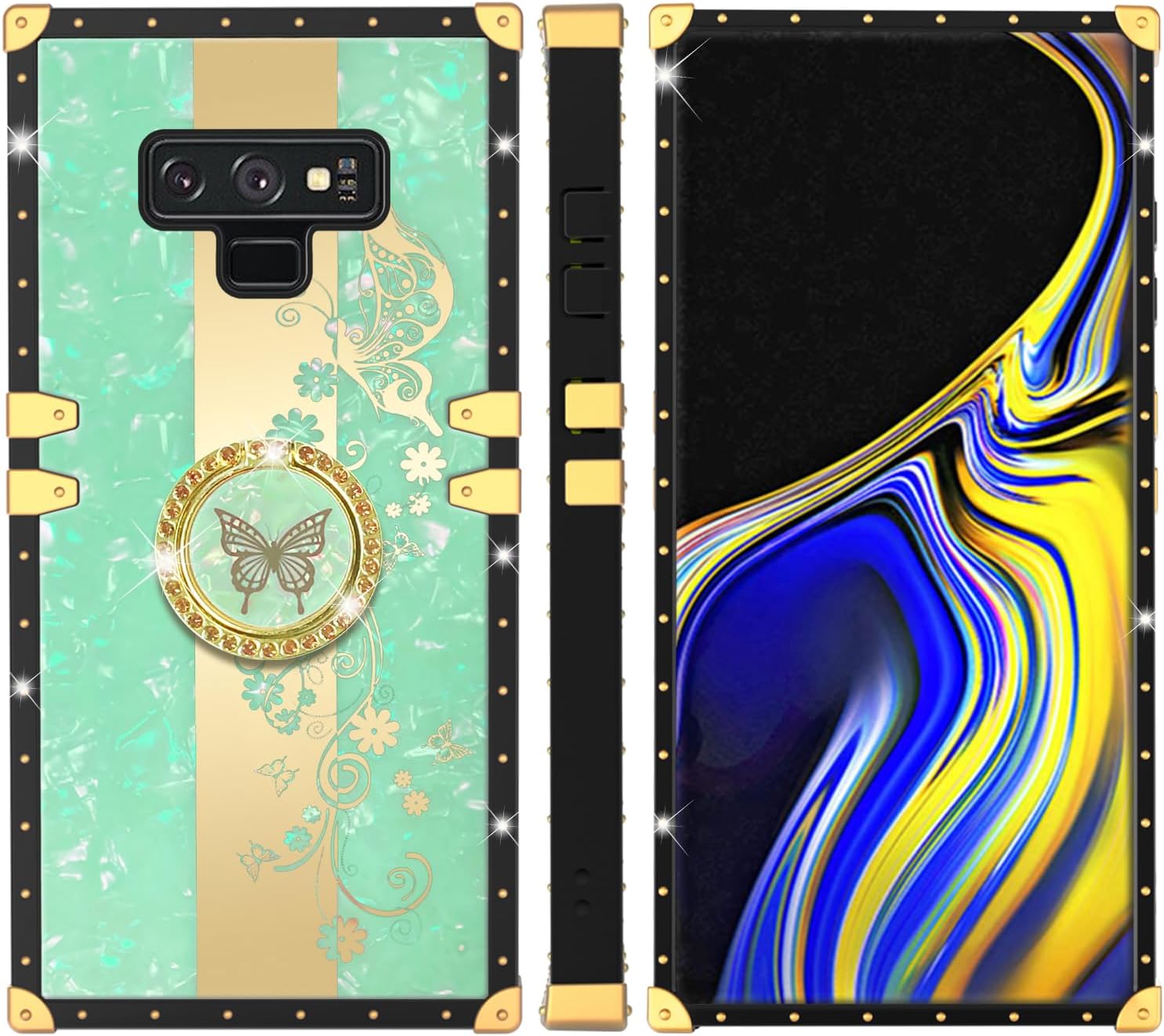 Para Samsung Galaxy Note 9 Caja De Teléfono Cuadrado Con Soporte De Anillo De Las Niñas Mujeres Cubierta Protectora A Prueba De Golpes De Lujo –