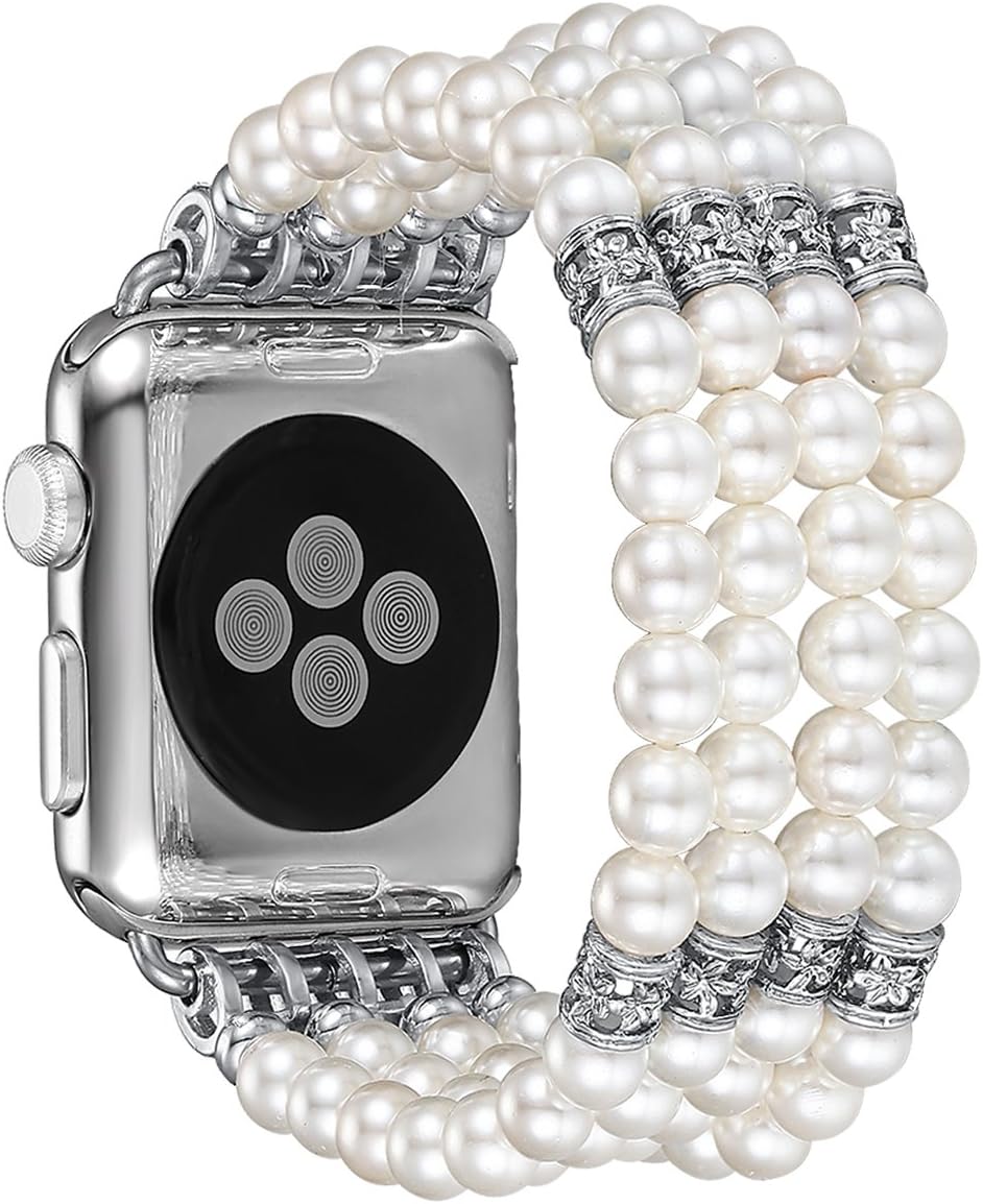 Fastgo correa para relojes Apple. Moderno brazalete con perlas sintéticas elastizado, hecho a mano. Correa de repuesto para iWatch para mujeres y