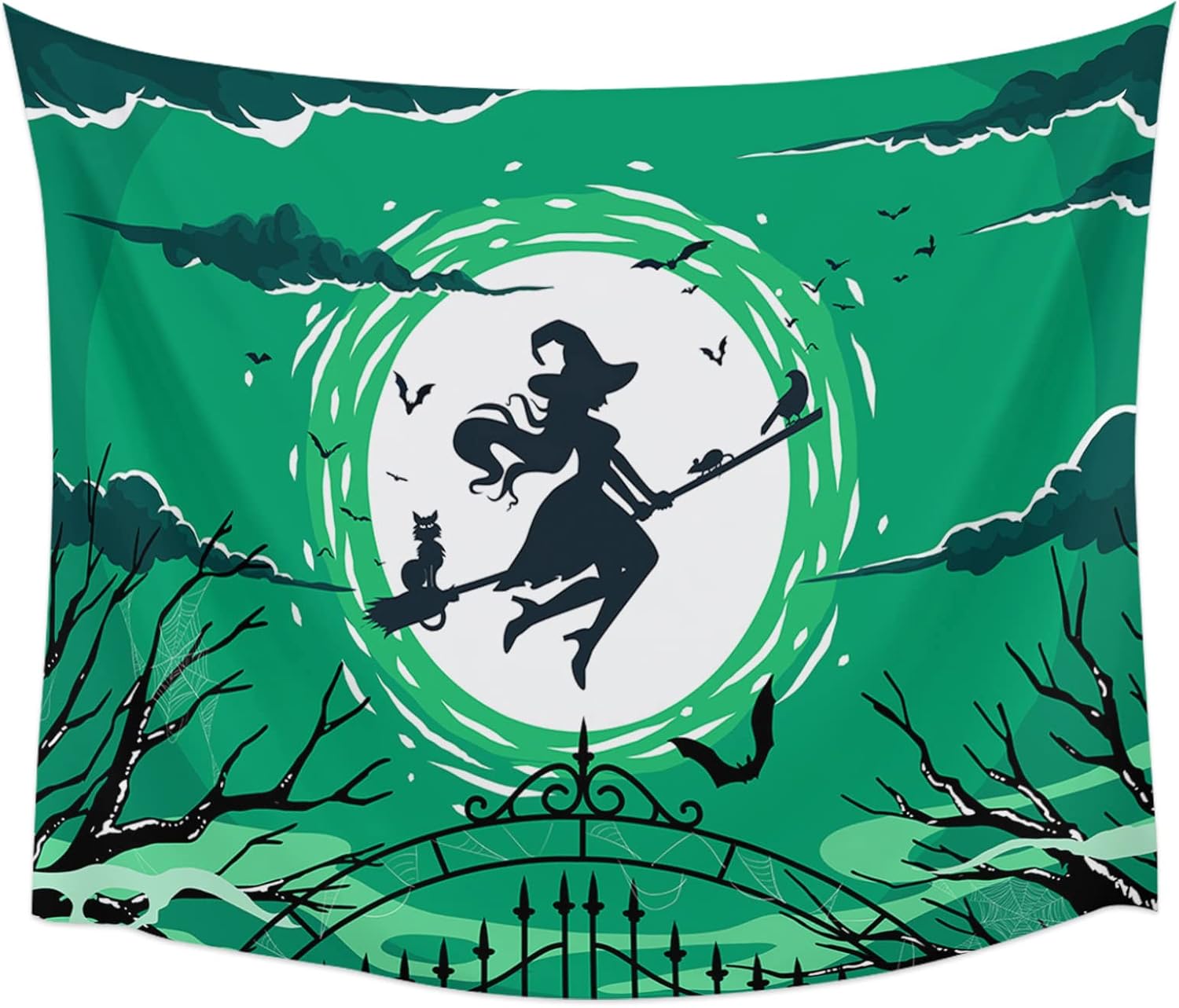 Tapiz de Halloween para colgar en la pared, diseño de bruja de luna llena, tapiz verde estético para dormitorio, sala de estar, dormitorio