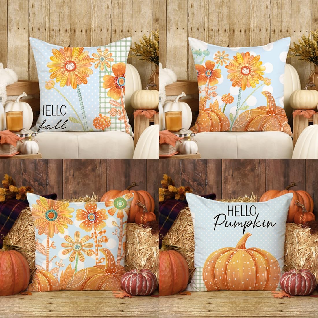 Juego de 4 fundas de almohada decorativas de otoño de 18 x 18 pulgadas, diseño de girasol, margarita, calabaza, decorativas, otoño, Acción de