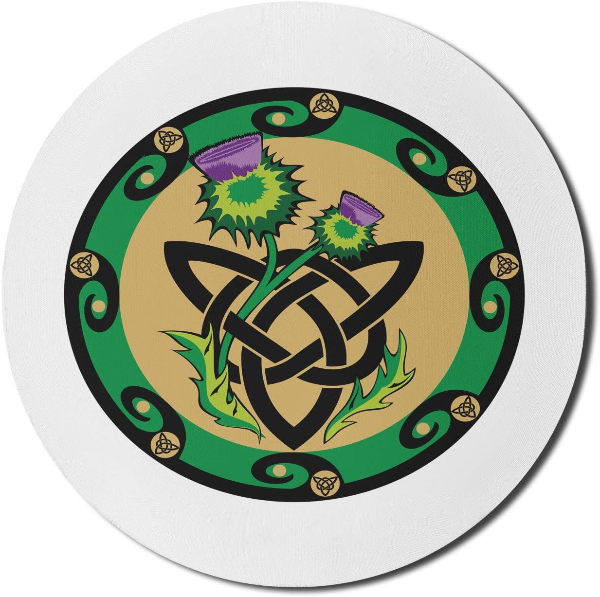 Ambesonne Thistle Mouse Pad for Computers, Thistle Petal and Stems with Thorns in a Circular Border of Celtic Knot, Round Non-Slip Thick Rubber