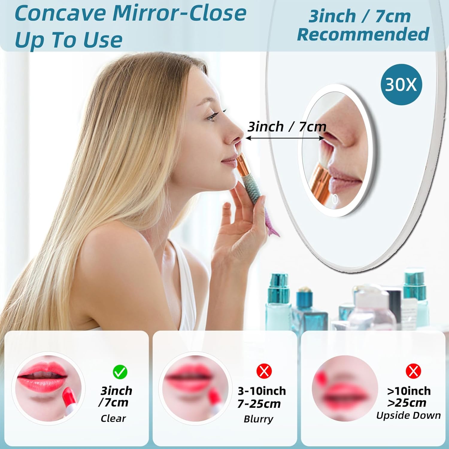 Espejo de aumento con luz 30X, grande recargable de 6 pulgadas, 3 modos de color, atenuación, espejo de maquillaje iluminado con aumento de 30X,