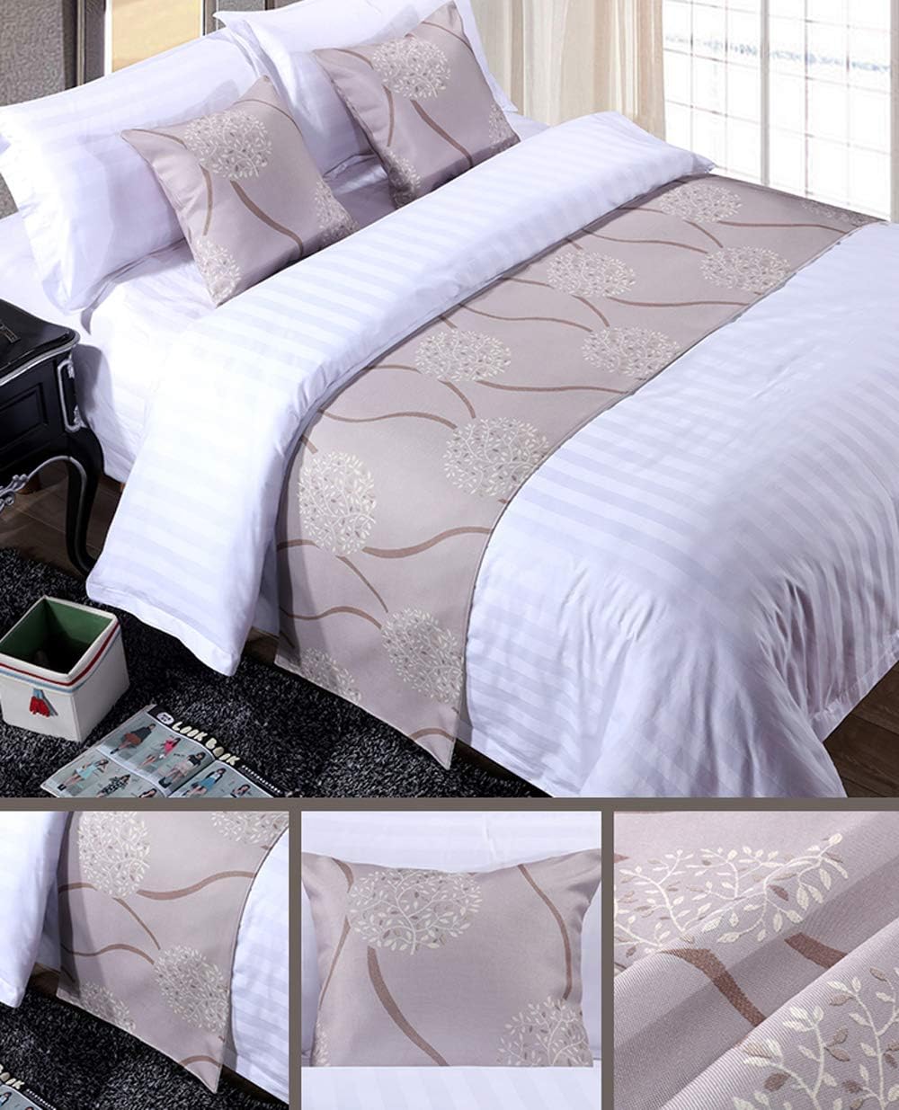 Mengersi Alfombra de cama ondulada, protector de bufanda, bufanda decorativa para dormitorio, hotel, sala de bodas (matrimonialQueen, gris)