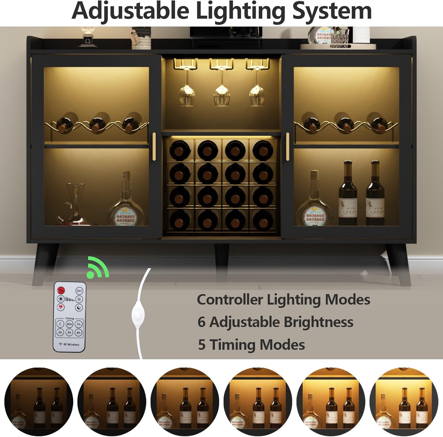 Loomie Armario de bar de vinos con luz LED, gabinete de café para el hogar con estante para vino y soporte para vidrio, aparador de cocina con