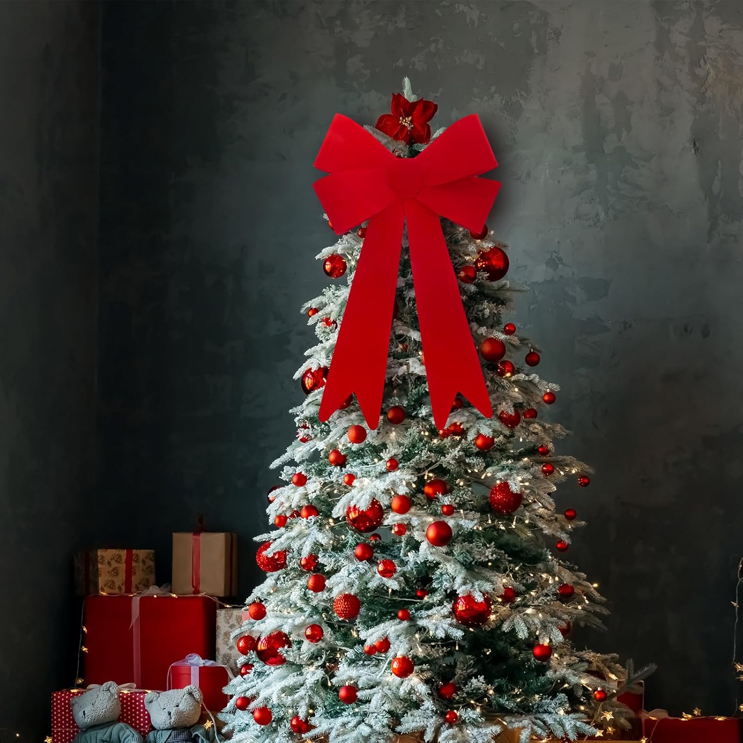 2 lazos grandes de terciopelo rojo de Navidad de 18 x 32 pulgadas, lazos decorativos de PVC de plástico para decoración de árbol de Navidad,