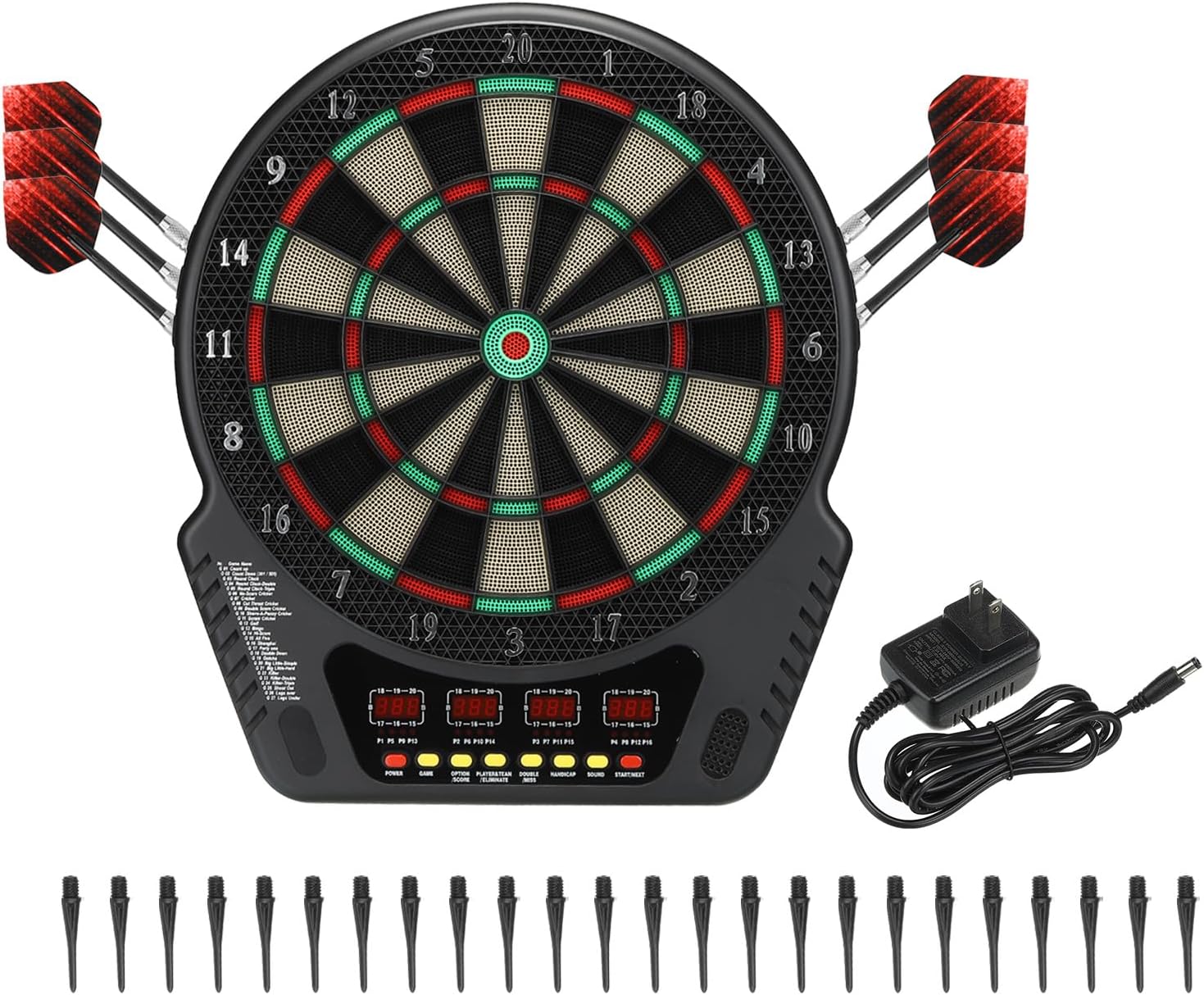 PATIKIL Tablero de dardos electrónico, juego de diana digital de punta suave con pantallas LCD, 27 juegos y 243 variantes con 6 dardos, 24 puntas,