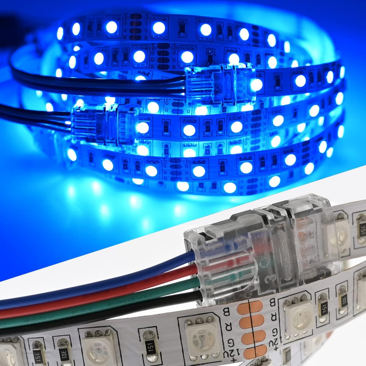 Paquete de 10 conectores LED sin soldadura para tira LED a cable, conexión rápida, con cable de extensión RGB de 4 pines 22 AWG de 32.8 pies