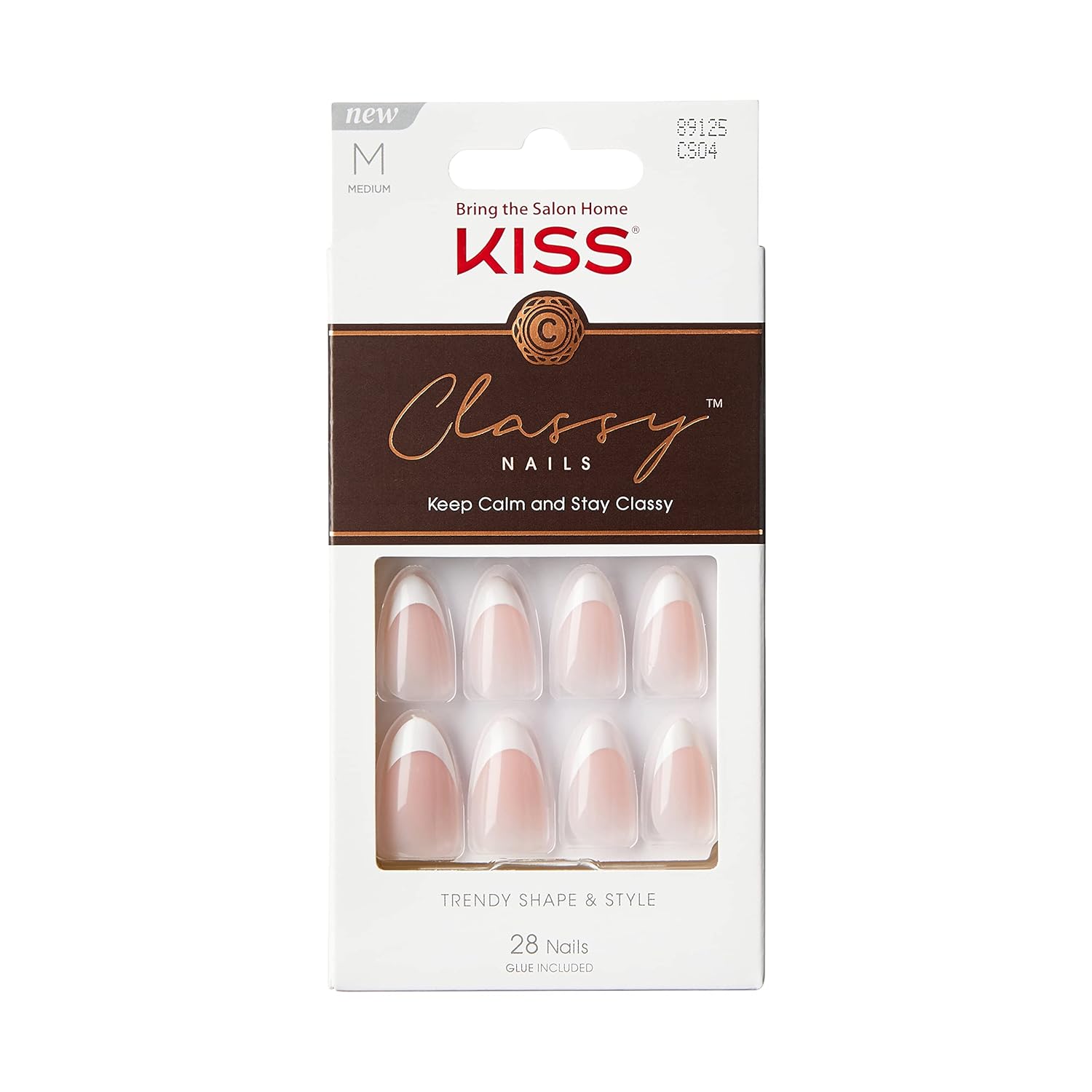 KISS Uñas a presión con clase, pegamento de uñas incluido, color blanco claro, tamaño mediano, forma de almendra, incluye 28 uñas, 0.07 onzas de