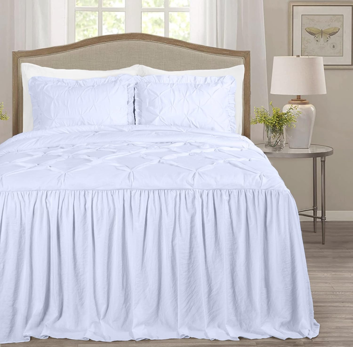 Chezmoi Collection Aria – Juego de colcha plisada de 3 piezas con falda con volantes  French Country Chic Farmhouse  King, color blanco