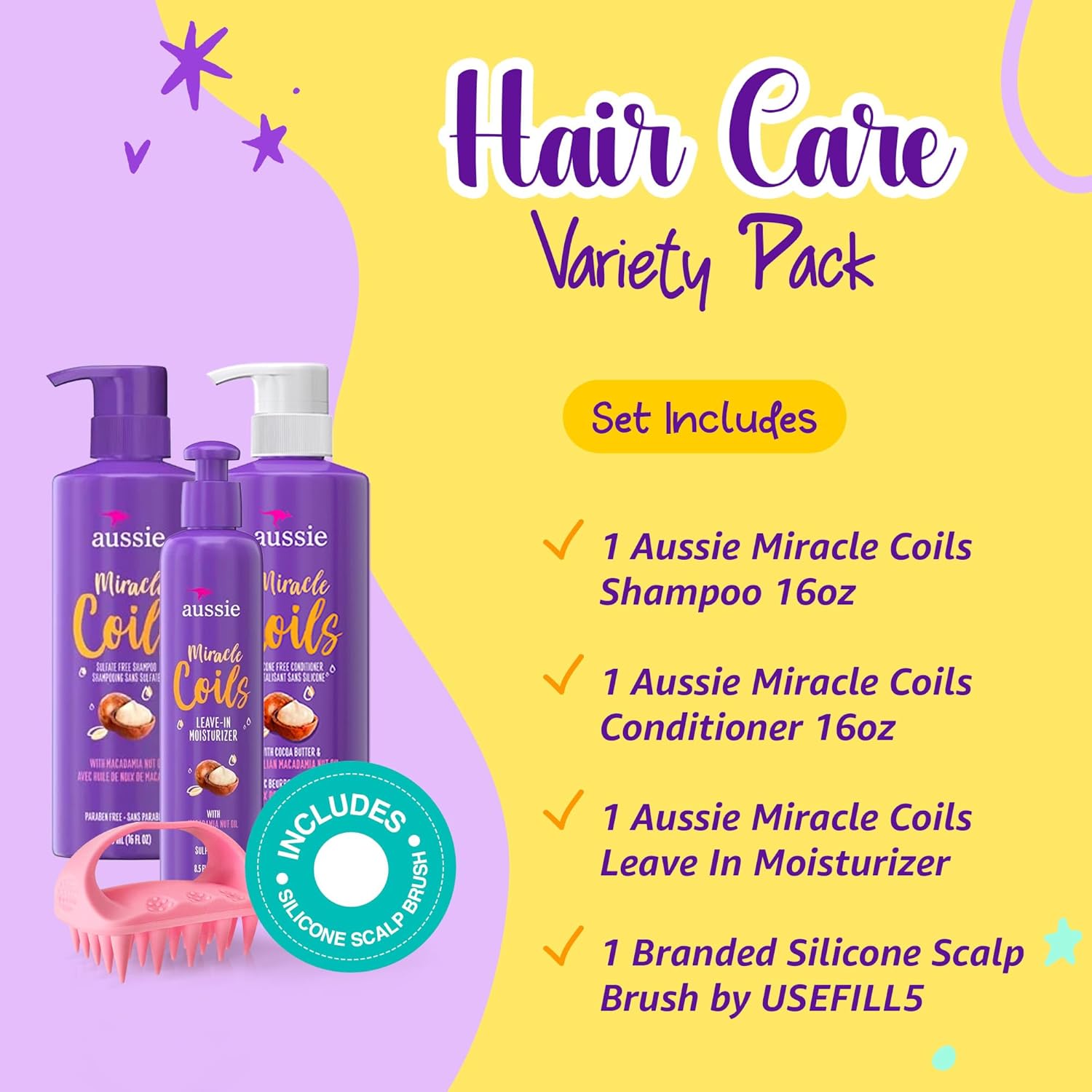 Set de champú y acondicionador humectante sin enjuague, kit de cabello rizado, nuez de macadamia, paquete de 3 productos que incluye bobinas