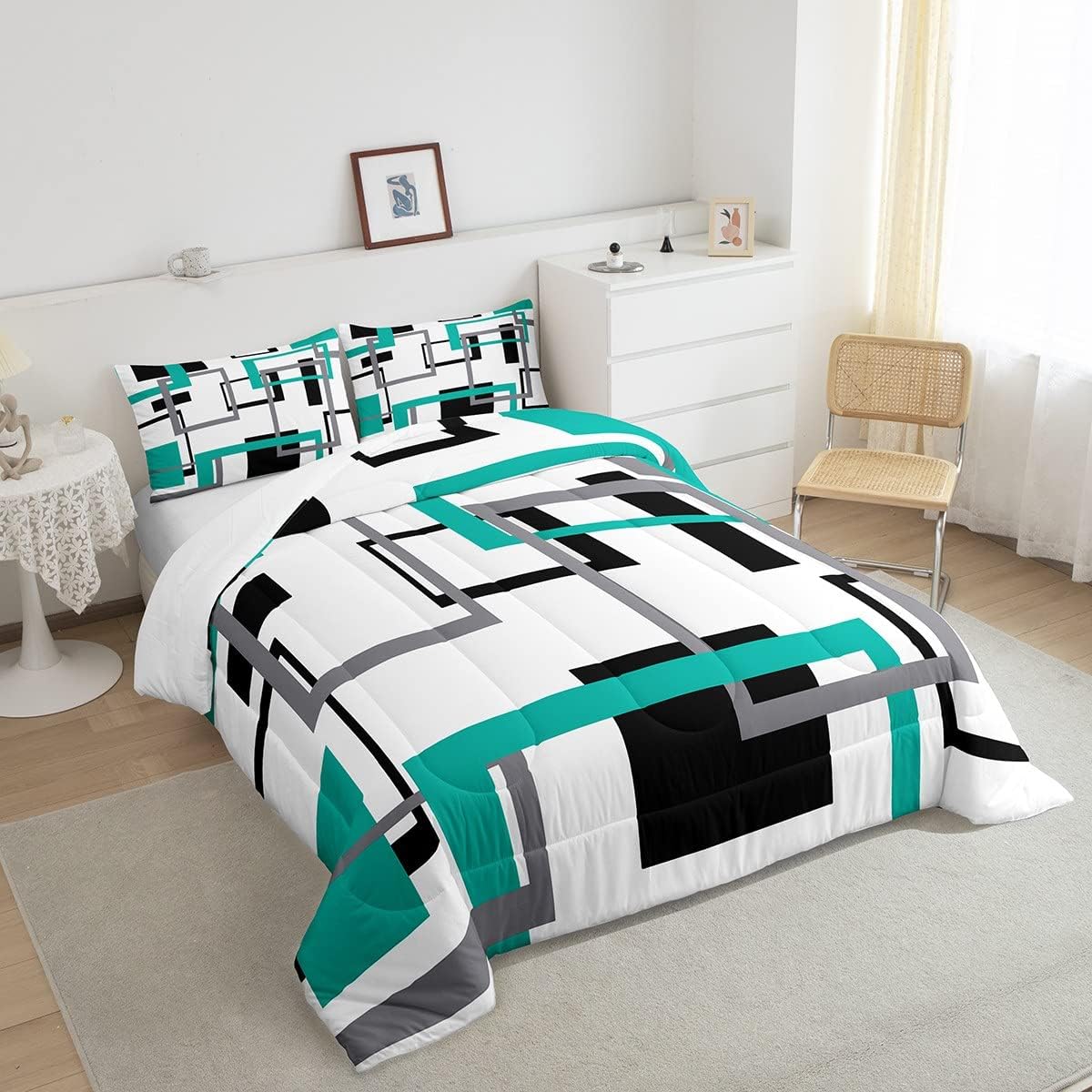 Erosebridal Juego de edredón cuadrado para adolescentes y jóvenes, juego de ropa de cama negro, blanco y azul, juego de edredón geométrico moderno