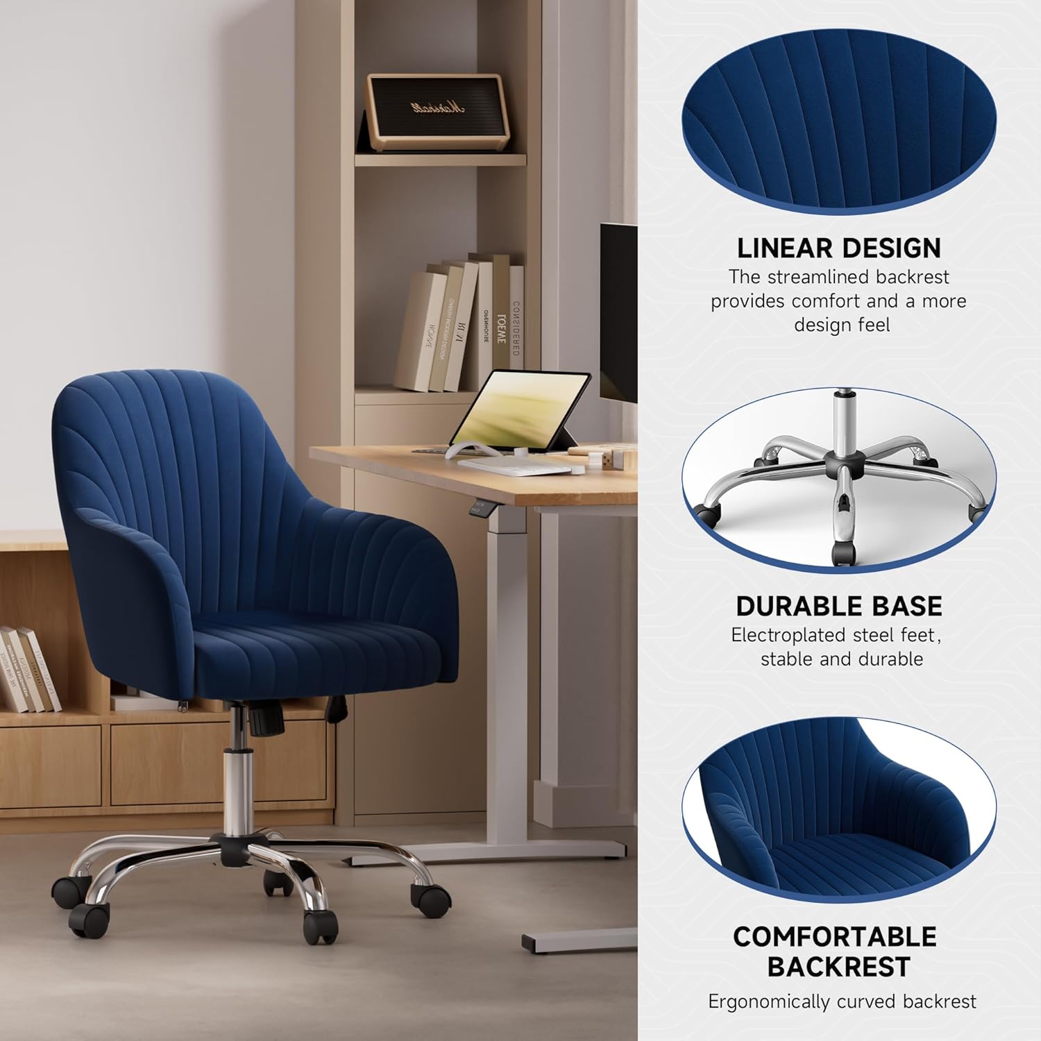 Warmiehomy Sillas de escritorio de terciopelo para oficina en casa con ruedas giratorias, bonitas sillas de tocador ergonómicas de altura ajustable