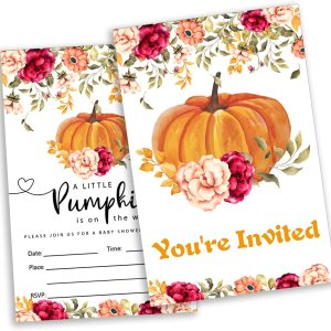 Paquete de 20 invitaciones de fiesta de calabaza pequeña con sobres, un tema de calabaza está en camino, tarjeta de invitaciones para suministros de Paquete de 20 invitaciones de fiesta de calabaza pequeña con sobres, un tema de calabaza está en camino, tarjeta de invitaciones para suministros de