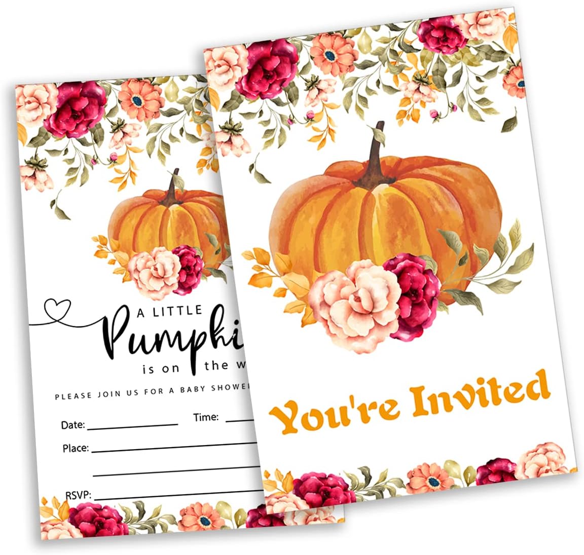 Paquete de 20 invitaciones de fiesta de calabaza pequeña con sobres, un tema de calabaza está en camino, tarjeta de invitaciones para suministros de