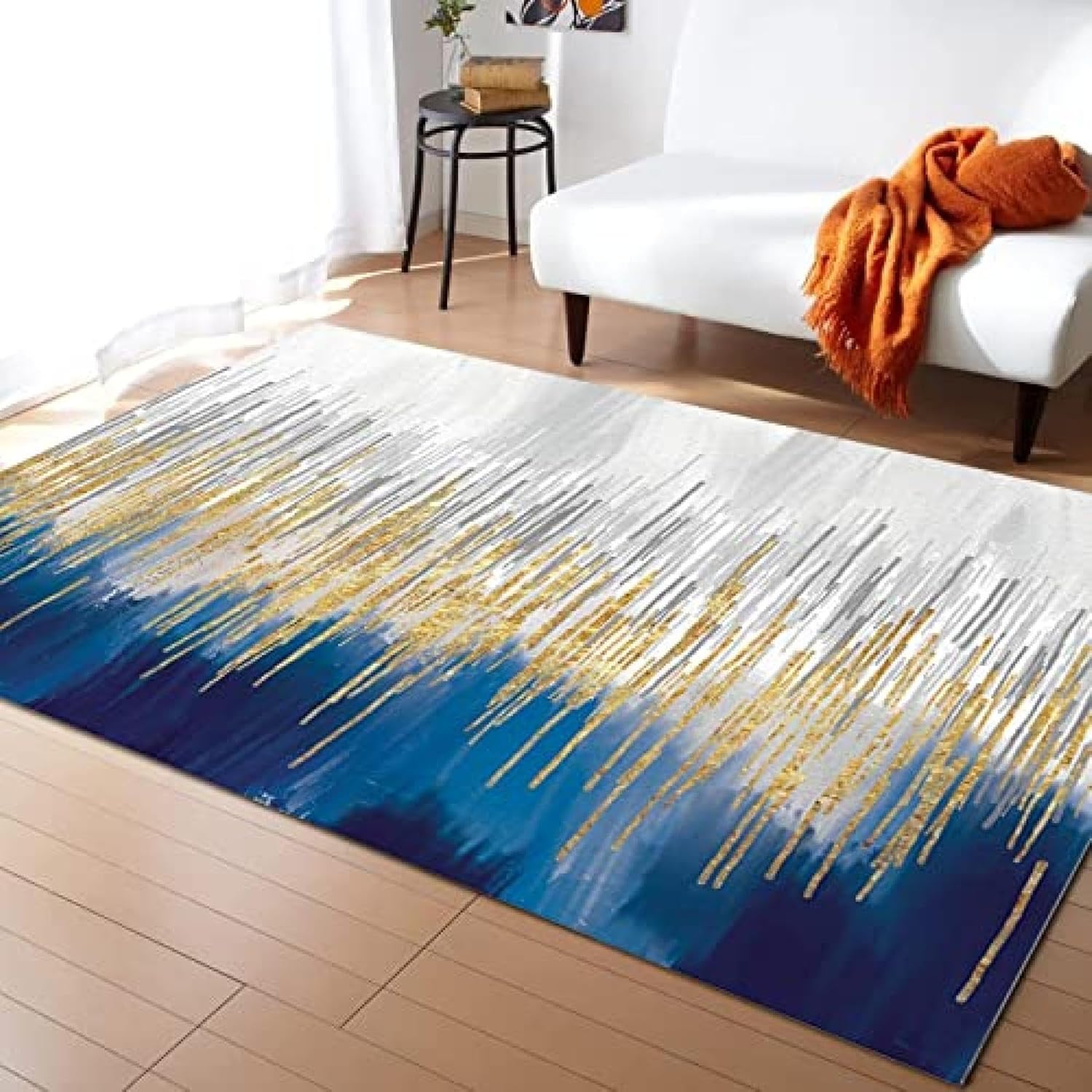 Alfombra abstracta de color gris degradado azul marino, textura de lámina dorada, alfombra de pelo bajo, suave, esponjosa, fácil de limpiar,