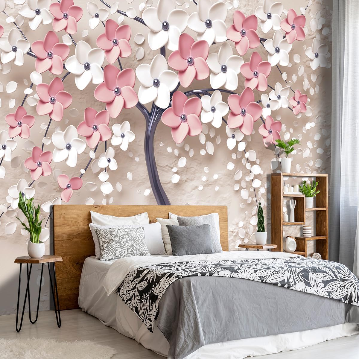 Mural en relieve 3D con diseño de flores rosas y árboles, para dormitorio, decoración de habitación, sala de estar, fondo de televisión, mural de
