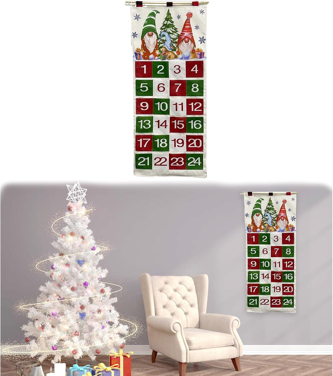 Calendario de cuenta regresiva de Navidad, calendario de Adviento colgante de madera, decoración de pared de Navidad con bolsillos, letrero de