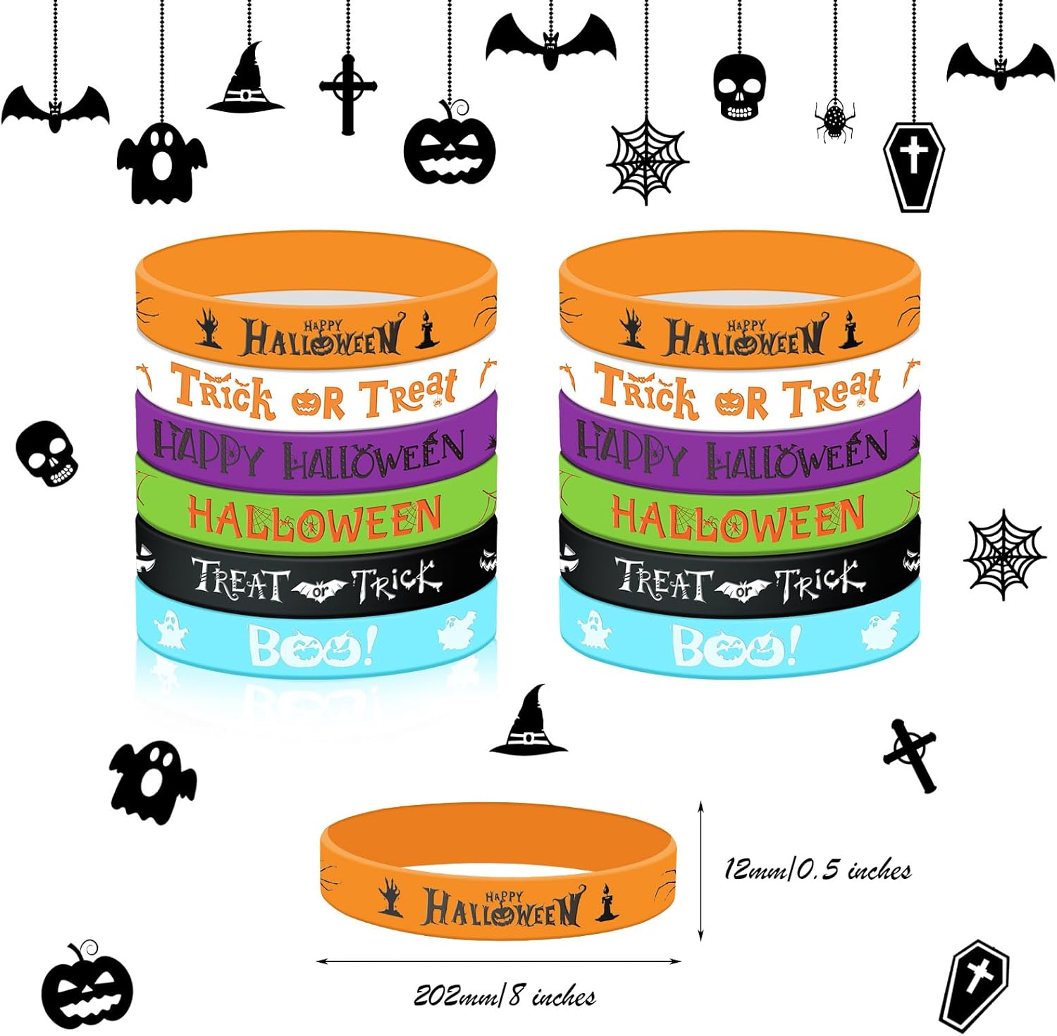 48 pulseras de silicona luminosas de Halloween, pulseras con patrones de calabaza que brillan en la oscuridad para Halloween, regalos de truco o