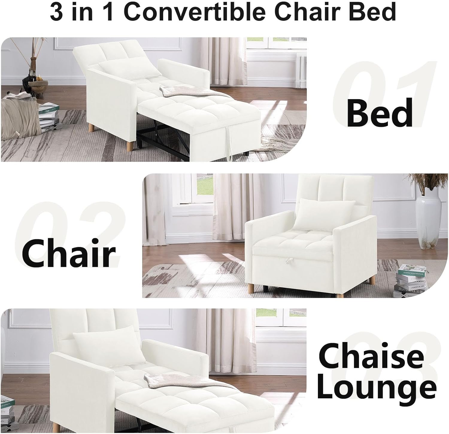 Silla convertible cama, silla convertible 3 en 1, sofá cama, sofá multifuncional con respaldo y bolsillo ajustables, silla extraíble para sala de