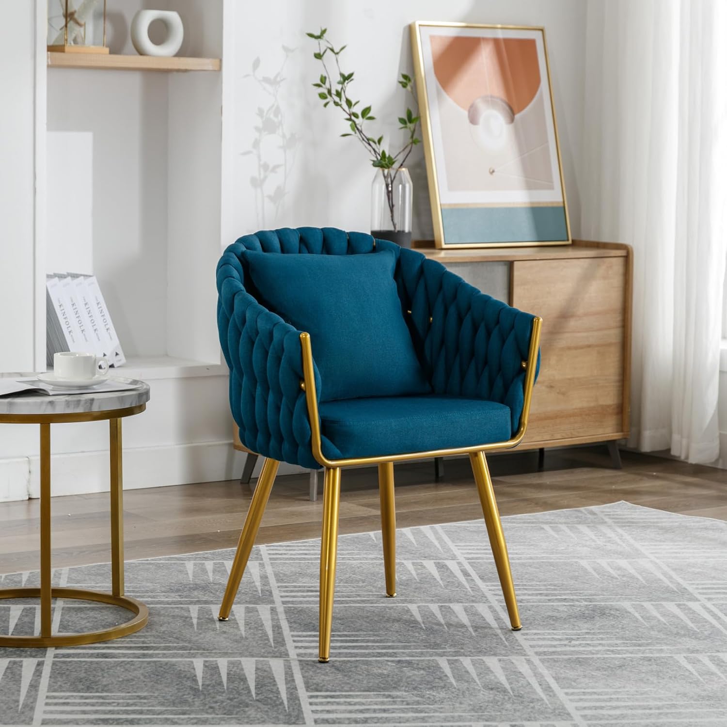 TRIPLE TREE Silla de comedor moderna de lino, sillas de tocador tejidas a mano con almohada de cintura, sillones con patas de metal dorado, cómoda